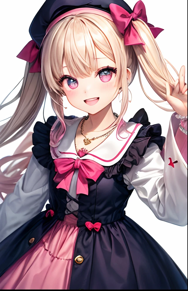 girl with、No background、without background、Background through、White blonde、Pink ash、Pink eyes、Pink eyes、Small twin tails below、beret、bow ribbon、muffler、long-sleeve、Moe Sleeve、kirakira、accessorized、耳Nipple Ring、piercings、a necklace、A smile、kawaii、