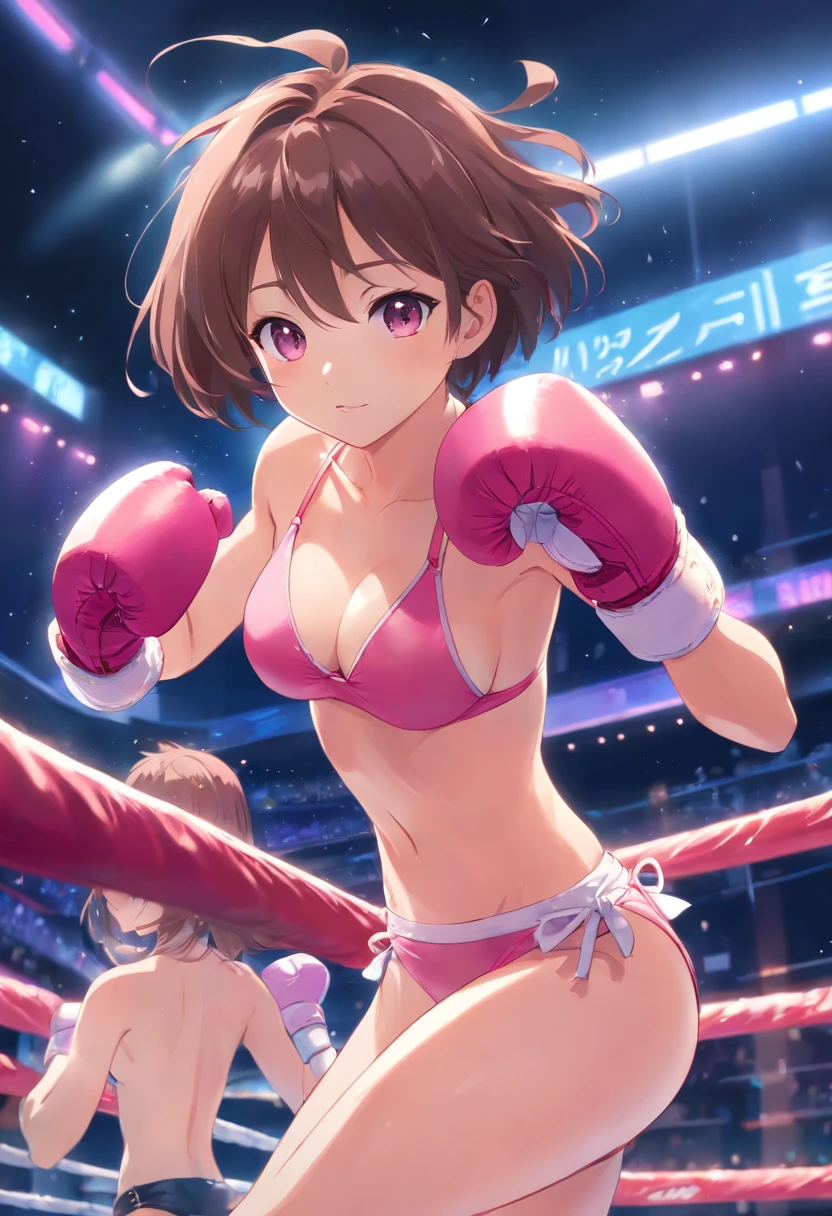 Cute girl with bikini bottom boxing in pink gloves blushes deeply