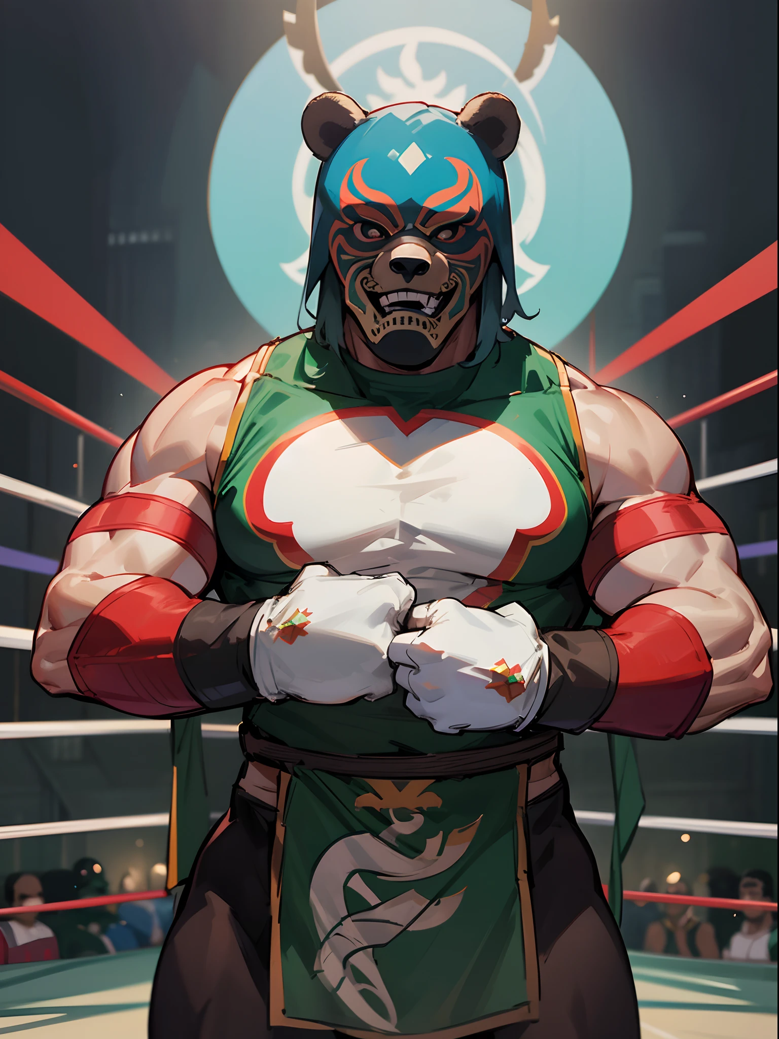 best masterpiece, best quality, 1man, wrestler, male_focus, mexican luchador, long tights, laced boots, gloves, bare upper body, bear mask, wrestling ring, mexico city background, solo, perfect anatomy, full body shot, cowboy shot, festive atmosphere