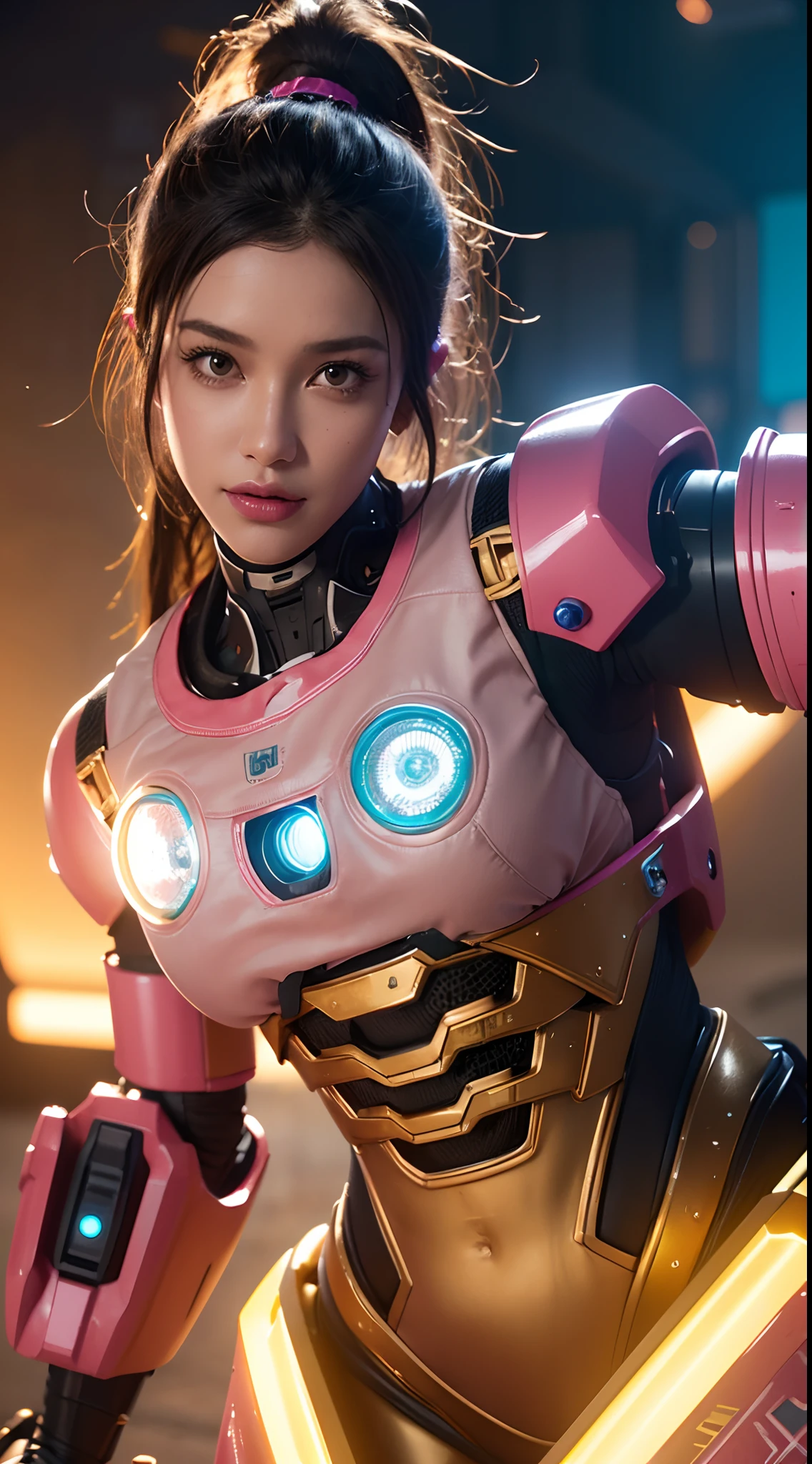 Close-up of robot in pink and gold costume, colorful vivid octane render, cybernetic and highly detailed, loba andrade from apex legends, created in unreal engine 5, made in unreal engine 5, trending on unreal engine 5, anfas portrait of a mech warrior, fantasy style 8 k octane render, rendered in unreal 5, rendered in high octane