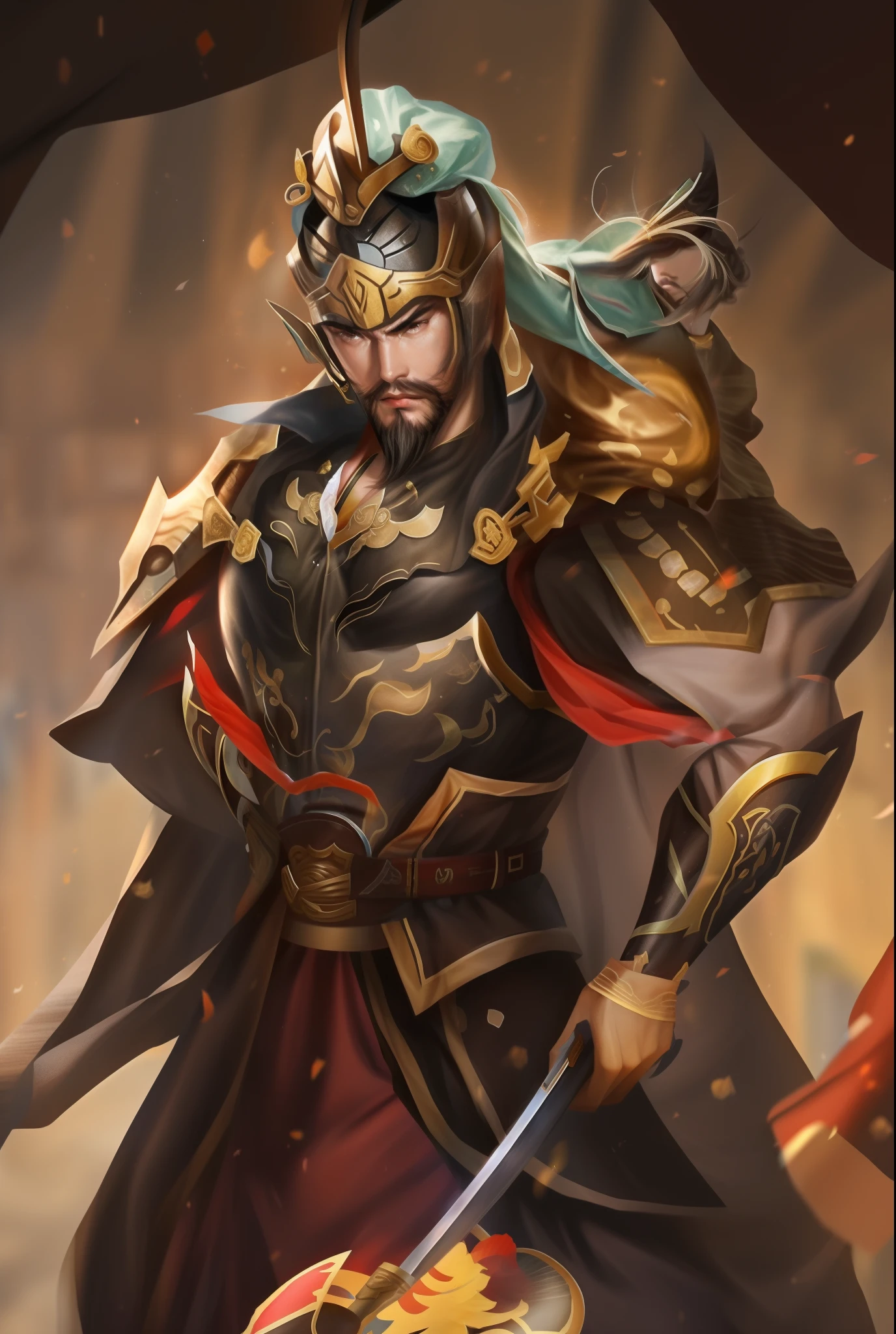 a close up of a person holding a sword and a sword, Inspired by Huang Shen, Guan yu, inspired by Li Kan, Inspired by Hu Zaobin, inspired by Huang Ding, zhao yun, inspired by Park Hua, heise jinyao, Inspired by Shen Zhou, inspired by Wu Bin, inspired by Yang Jin, inspired by Fan Kuan, bian lian