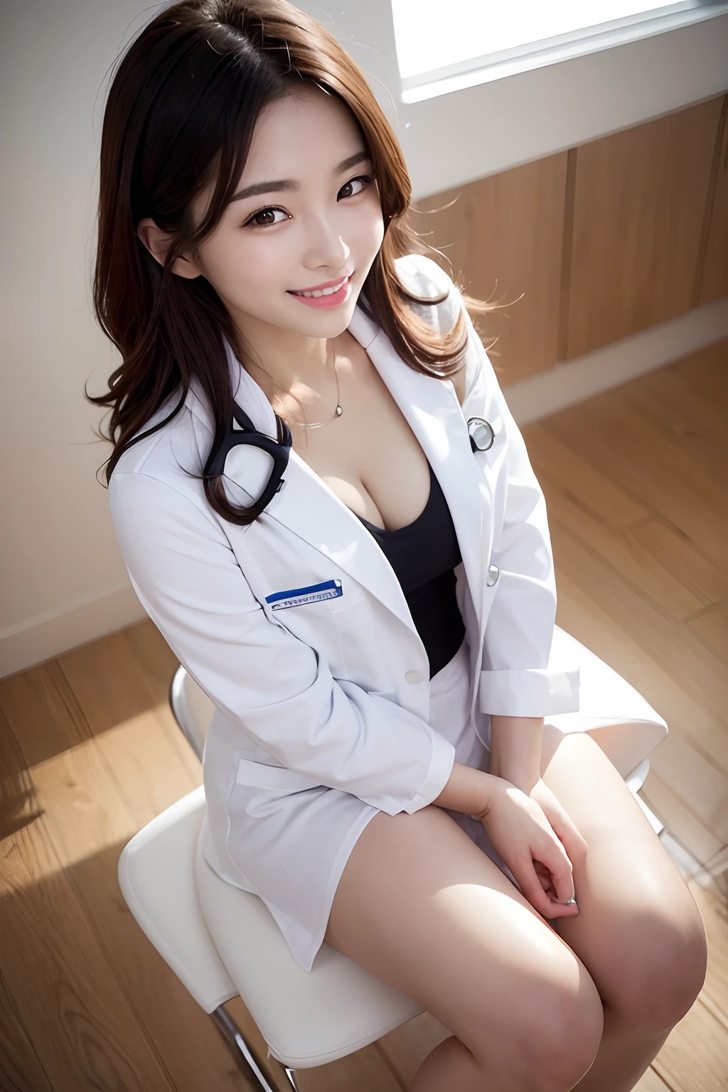 Female doctor in white coat、１Man Woman、(Smile Face:1.1)、Slim Face、The most beautiful women in the world、hyperdetailed face、Detailed eye、二重まぶた、Kamimei、perfect teeth、Perfect tooth alignment、(glistning skin)、(sun-kissed skin)、(real looking skin)、Blurred background、full body Esbian、frontage、Slim Face、Brightly colored clothing、Sit in a chair in the exam room、Wear a stethoscope、From  above、a miniskirt、beautiful hairl、I can see the cleavage、Full Body Pose、(pureerosface_v1:0.8)、a small face、ssmile、A sexy、hide one's hands