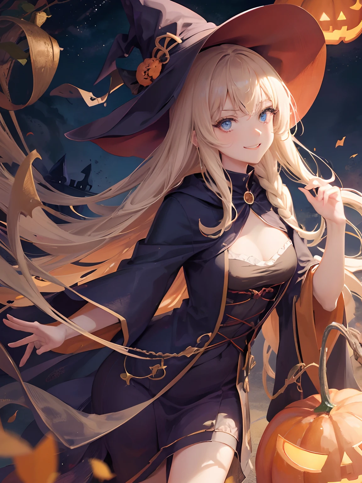 absurdres, highres, ultra detailed,Realistic, (Masterpiece, Superior Quality, Best Quality, Official Art, Beauty and Aesthetics: 1.2), Very Detailed, Fractal Art, Colorful, orange color palette in the background. More Detailed, Zentangle, (Abstract Background: 1.5) (1girl: 1.3), beautiful  witch, Brown Skin, Brown Hair, Long Hair, (Bright Blue Eyes),pumpkin earrings,  [Jack-o'-Lantern], Mysterious, (Magic), witch's hat and gothic robe ,Halloween atmosphere,