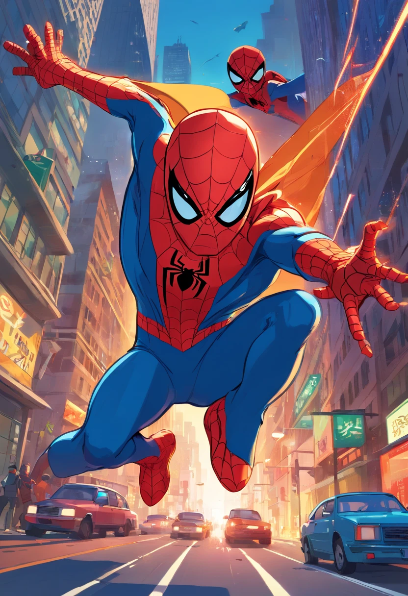 In a vibrant Spider-Man comic book, We can visualize a thrilling scene of the hero in action. He is hanging by his webs among the skyscrapers of a bustling city. His red and blue suit stands out against the night sky, while his athletic and determined posture demonstrates his confidence and abilities. Spider-Man is in the middle of stopping a group of thugs trying to escape in a speeding car. Com sua agilidade sobre-humana, he swings from one building to the next, Throwing webs to dodge shots and achieve incredible speed. Seus sentidos aranha afiados ajudam a antecipar os movimentos dos criminosos. Spider-Man exhibits a perfect balance of forces, Agility and strategic intelligence, while deftly launching himself to intercept the vehicle. The scene overflows with action, Tension and emotion, captivating readers and leaving them eager to find out how the hero will solve this challenging situation. Make the scene in 60's style frames