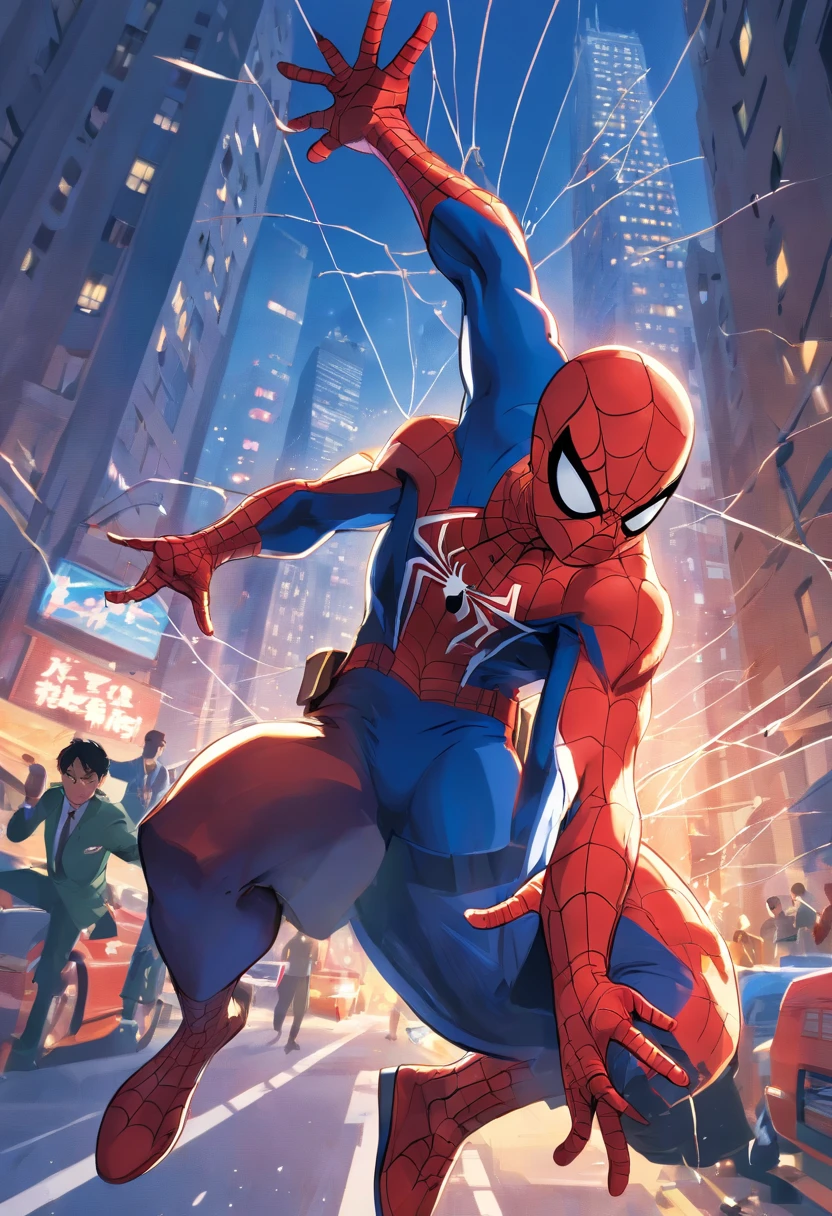 In a vibrant Spider-Man comic book, We can visualize a thrilling scene of the hero in action. He is hanging by his webs among the skyscrapers of a bustling city. His red and blue suit stands out against the night sky, while his athletic and determined posture demonstrates his confidence and abilities. Spider-Man is in the middle of stopping a group of thugs trying to escape in a speeding car. Com sua agilidade sobre-humana, he swings from one building to the next, Throwing webs to dodge shots and achieve incredible speed. Seus sentidos aranha afiados ajudam a antecipar os movimentos dos criminosos. Spider-Man exhibits a perfect balance of forces, Agility and strategic intelligence, while deftly launching himself to intercept the vehicle. The scene overflows with action, Tension and emotion, captivating readers and leaving them eager to find out how the hero will solve this challenging situation. Make the scene in 60's style frames