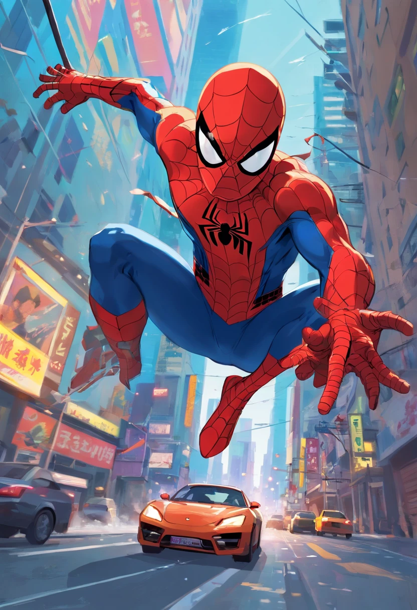 In a vibrant Spider-Man comic book, We can visualize a thrilling scene of the hero in action. He is hanging by his webs among the skyscrapers of a bustling city. His red and blue suit stands out against the night sky, while his athletic and determined posture demonstrates his confidence and abilities. Spider-Man is in the middle of stopping a group of thugs trying to escape in a speeding car. Com sua agilidade sobre-humana, he swings from one building to the next, Throwing webs to dodge shots and achieve incredible speed. Seus sentidos aranha afiados ajudam a antecipar os movimentos dos criminosos. Spider-Man exhibits a perfect balance of forces, Agility and strategic intelligence, while deftly launching himself to intercept the vehicle. The scene overflows with action, Tension and emotion, captivating readers and leaving them eager to find out how the hero will solve this challenging situation. Make the scene in 60's style frames