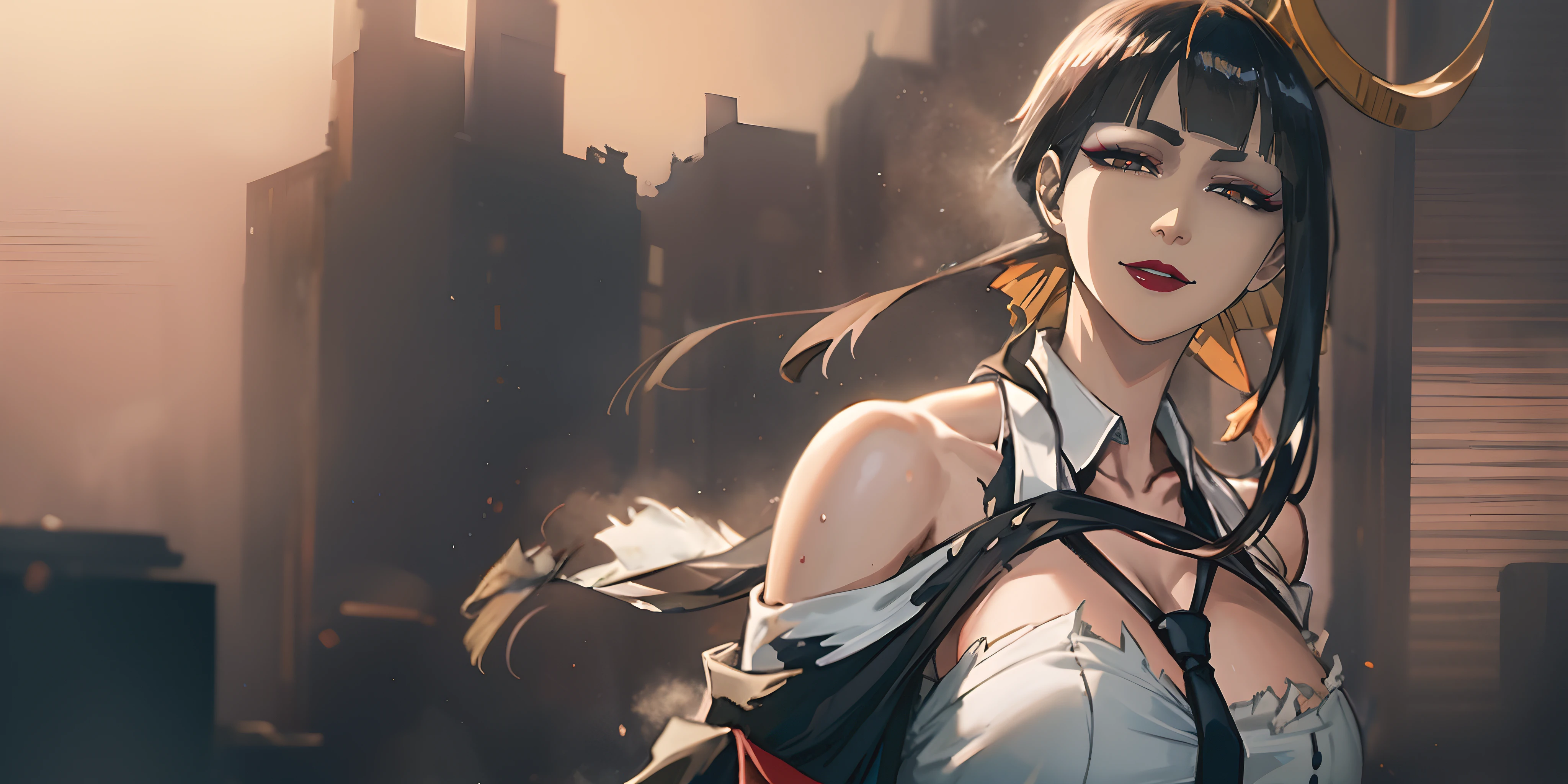 senjumaru shutara, (long hair, bangs, blunt bangs, black hair, sidelocks:1.5), (black eyes:1.5), makeup, lipstick, red lipstick, sweating, glowing eyes, heavy breathing, female focus, 1girl, solo, breasts, armor, ribbon, looking_at_viewer, upper_body, building,  outdoors, breastplate, dress, cape, huge breasts, breast press, torn, cleavage, necktie, bare shoulder, breastsplate, "glow effects, godrays, Hand drawn, render, 8k, octane render, cinema 4d, blender, dark, atmospheric 4k ultra detailed, cinematic, Sharp focus, big depth of field, Masterpiece, colors, 3d octane render, 4k, concept art, trending on artstation, hyperrealistic, Vivid colors, extremely detailed CG unity 8k wallpaper, trending on CGSociety, Intricate, High Detail, dramatic", anime coloring, anime screencap, sweating, steaming body, fog