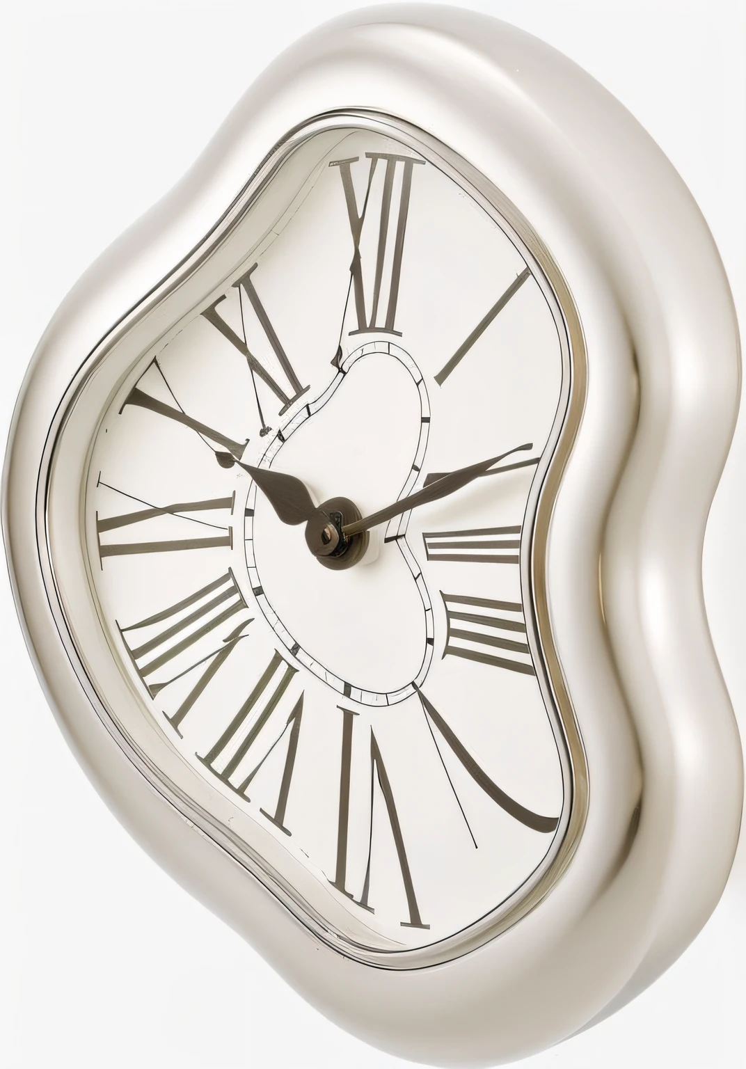 Clock with curved and Roman numerals, illusion of bent time, clock, Spiral clock, inspired by Vladimir Tatlin, author：Vladimir Tatlin, UHR, mechanical clock, close look, clockface, trending artwork, clock iconography, morning hour, karim rashid, satin silver, year 2 3 0 0, Close-up view