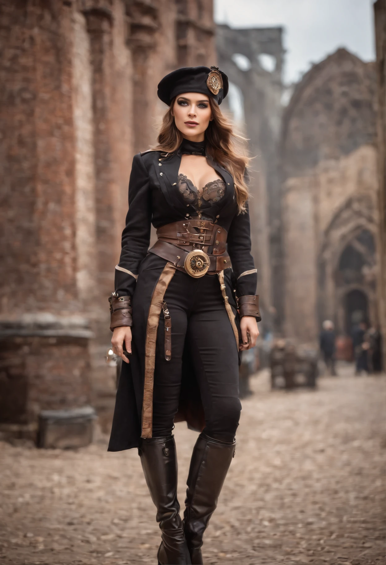 Em um mundo de fantasia steampunk, uma mulher com um estilo punk a vapor assume o centro do palco enquanto caminha por uma rua intrigante. She is dressed in a flawless black leather outfit adorned with gleaming metallic accents, que a destacam na paisagem. Its accessories are a work of art in itself, with stylized aviator glasses, luvas de renda, and knee-high boots that echo the retro-futuristic aesthetic of steampunk.

Seus cabelos longos e escuros caem graciosamente sobre seus ombros, accentuated by coloured highlights that add a touch of rebellion to your look. Her eyes look at the camera with a confident and defiant expression, Revealing the determination that drives her in this intriguing world.

The scenery around it is a street adorned with giant gears, steam pipes and peculiar mechanical structures. The atmosphere is saturated with copper and bronze tones, Creating an authentic and captivating steampunk scene.

In this extraordinary setting, Our protagonist embodies the fusion between the elegance and style of steampunk and the bold attitude of punk. Feel inspired to create an image that captures this unique and mysterious fusion."