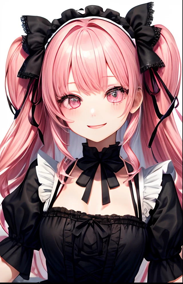 girl with、No background、without background、Background through、Pink hair、Pink hair、Pink eyes、Pink eyes、Twin-tailed、half up、bow ribbon、frilld、Gothic lolita、lolita fashion、Heavy dress、Black One Piece Glitter、accessorized、耳Nipple Ring、A smile、kawaii、