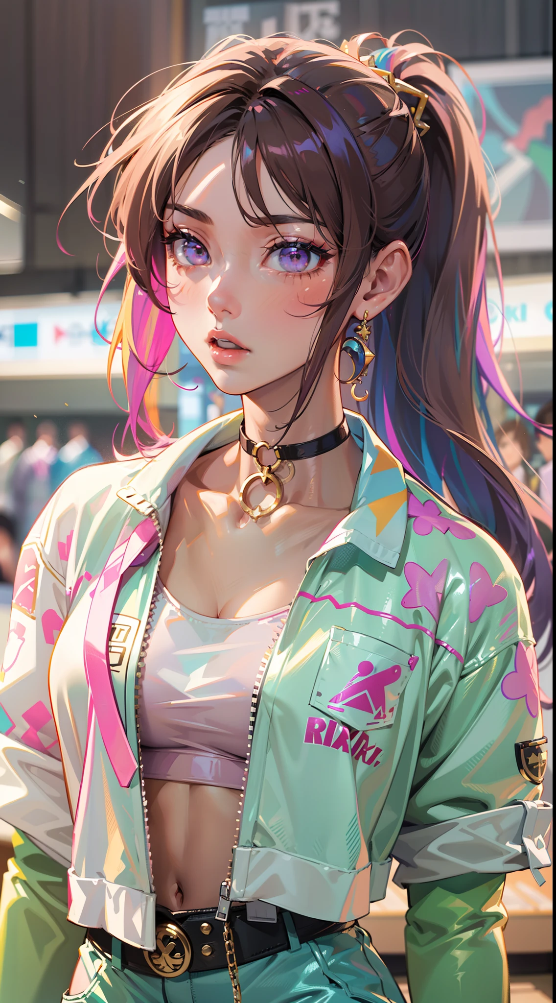 ((Masterpiece)), best quality, absurderes, ultra detailed, holographic, cowboy shot, golden ratio, super cute girl, mature girl, idol girl, super beautiful asian girl with very beautiful violet glowing eyes, beautiful glowing brown multicolored hair, high ponytail, nice and sexy body, slim body, perfect body, wearing a super tight anime printed leotard, an anime printed super tight off shoulder long sleeve crop top, a super aesthetic transparent mini jacket, beautiful hair ornament, pink jordan tennis, being photographed in a mall shop with her handsome skinny boyfriend, with dark messy hair, brown luminous eyes, wearing a white anime shirt, black shorts, and pink crocs