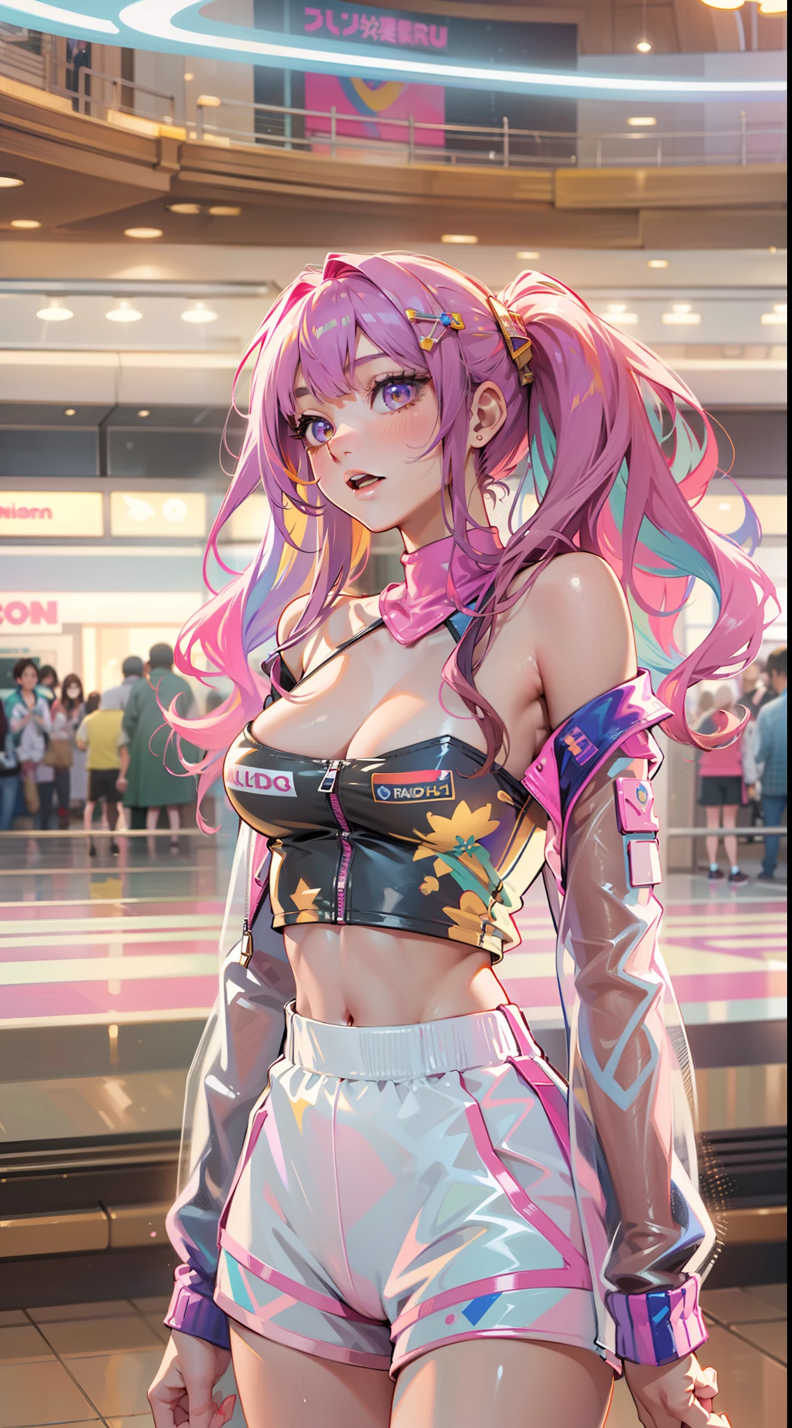 ((Masterpiece)), best quality, absurderes, ultra detailed, holographic, cowboy shot, golden ratio, super cute girl, mature girl, idol girl, super beautiful asian girl with very beautiful violet glowing eyes, beautiful glowing brown multicolored hair, high ponytail, nice and sexy body, slim body, perfect body, wearing a super tight anime printed leotard, an anime printed super tight off shoulder long sleeve crop top, a super aesthetic transparent mini jacket, beautiful hair ornament, pink jordan tennis, being photographed in a mall shop with her handsome skinny boyfriend, with dark messy hair, brown luminous eyes, wearing a white anime shirt, black shorts, and pink crocs