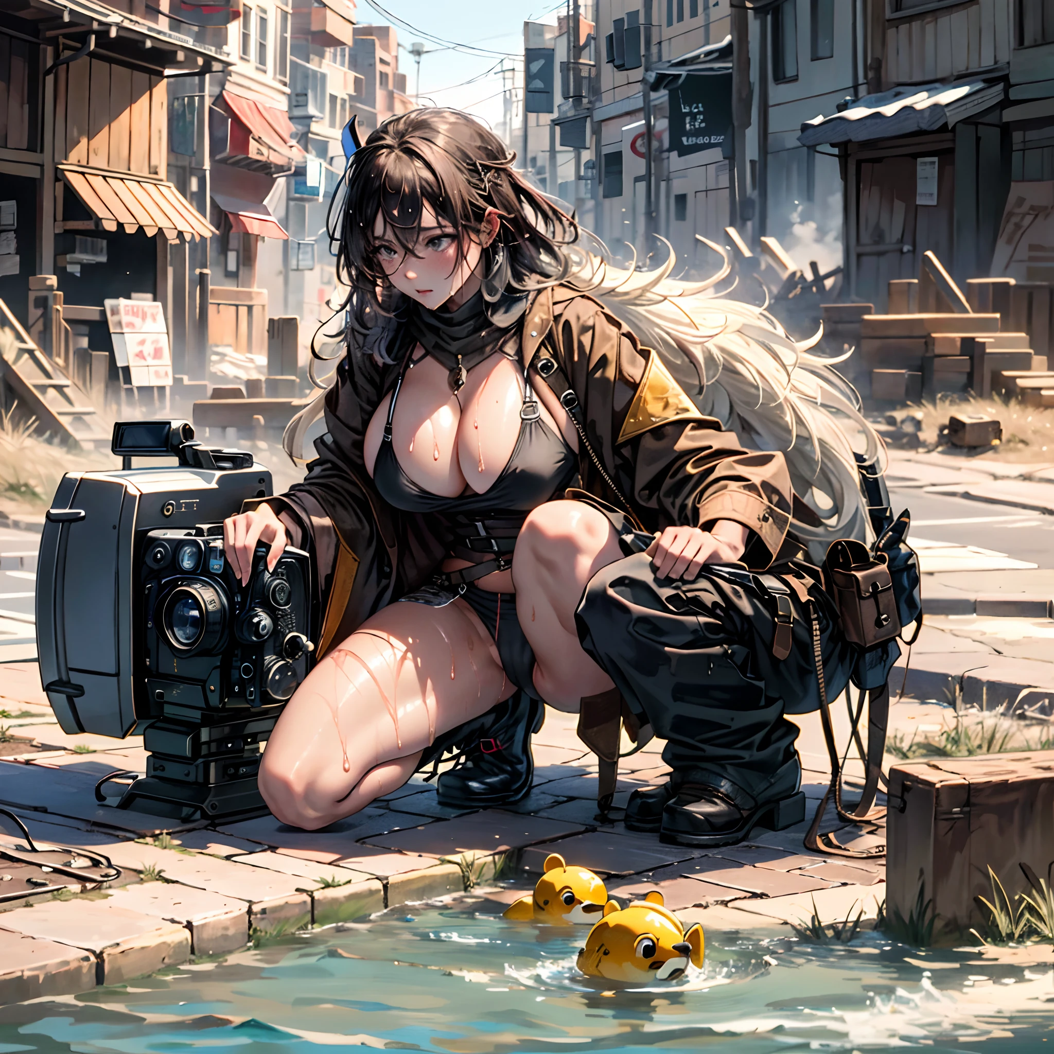 All parts are clearly visible, spread, large breasts, fully , large areolae, wet , squatting over camera, looking down,