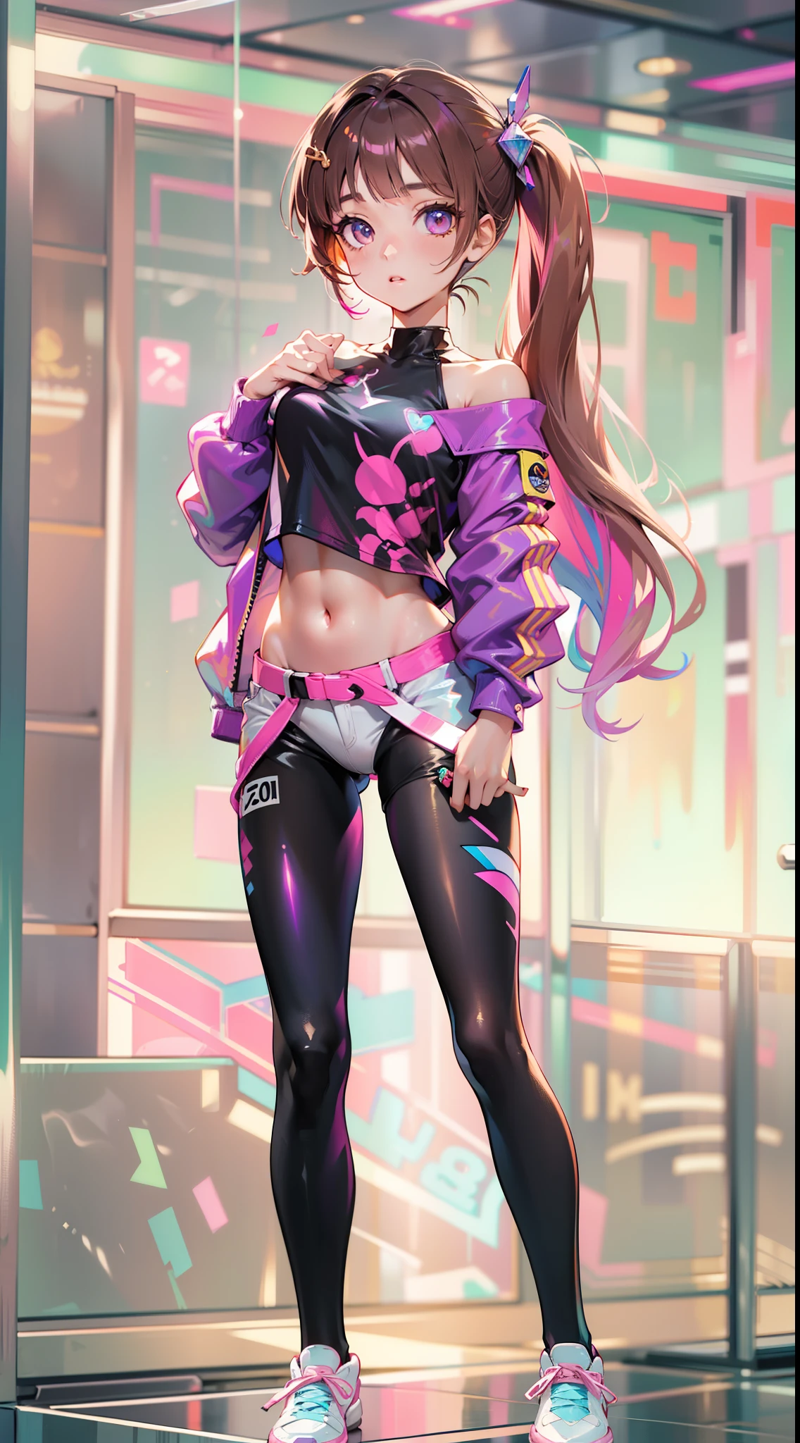 ((Masterpiece)), best quality, absurderes, ultra detailed, holographic, cowboy shot, golden ratio, super cute girl, mature girl, idol girl, super beautiful asian girl with very beautiful violet glowing eyes, beautiful glowing brown multicolored hair, high ponytail, nice and sexy body, slim body, perfect body, wearing a super tight anime printed leotard, an anime printed super tight off shoulder long sleeve crop top, a super aesthetic transparent mini jacket, beautiful hair ornament, pink jordan tennis, being photographed in a mall shop with her handsome skinny boyfriend, with dark messy hair, brown luminous eyes, wearing a white anime shirt, black shorts, and pink crocs