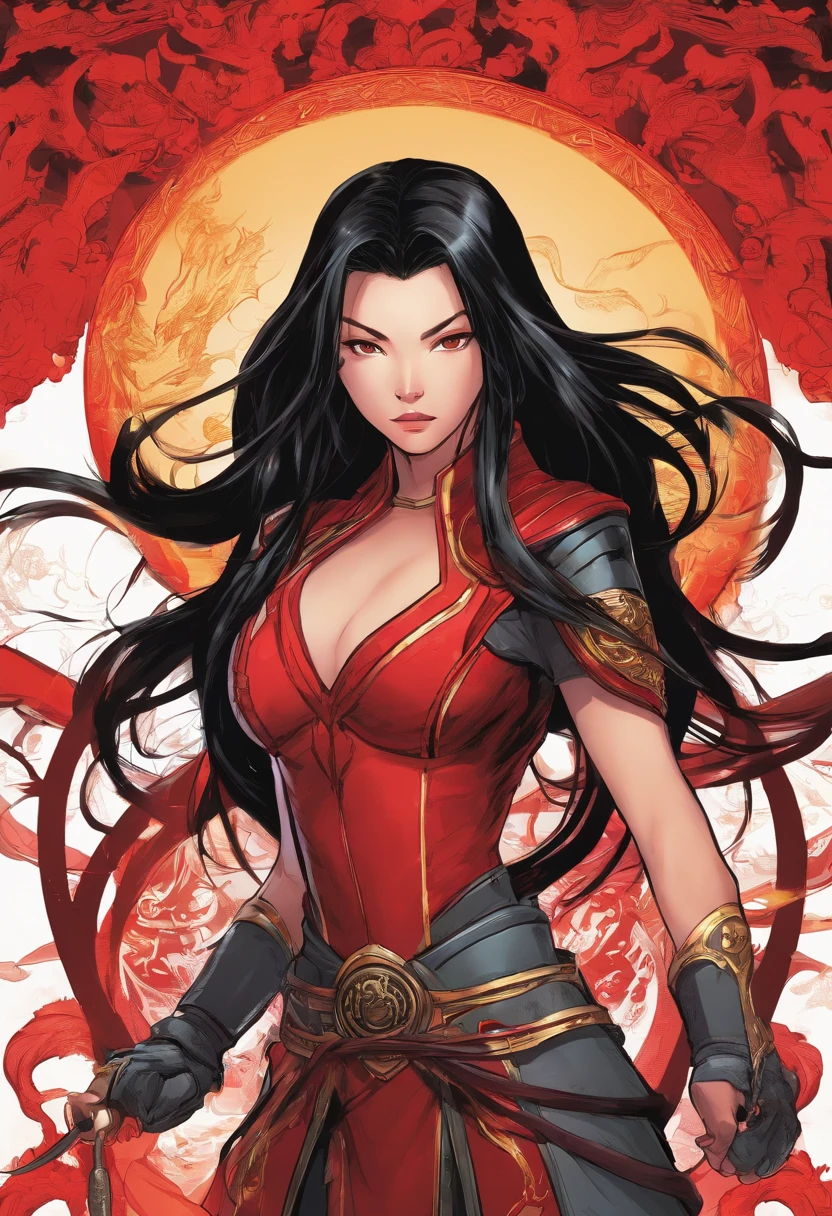 long black hair, Chinese 19 year old girl. Black and red supersuit inspired by ancient Chinese armor. deep dark red fire powers. brown eyes. loose hair.