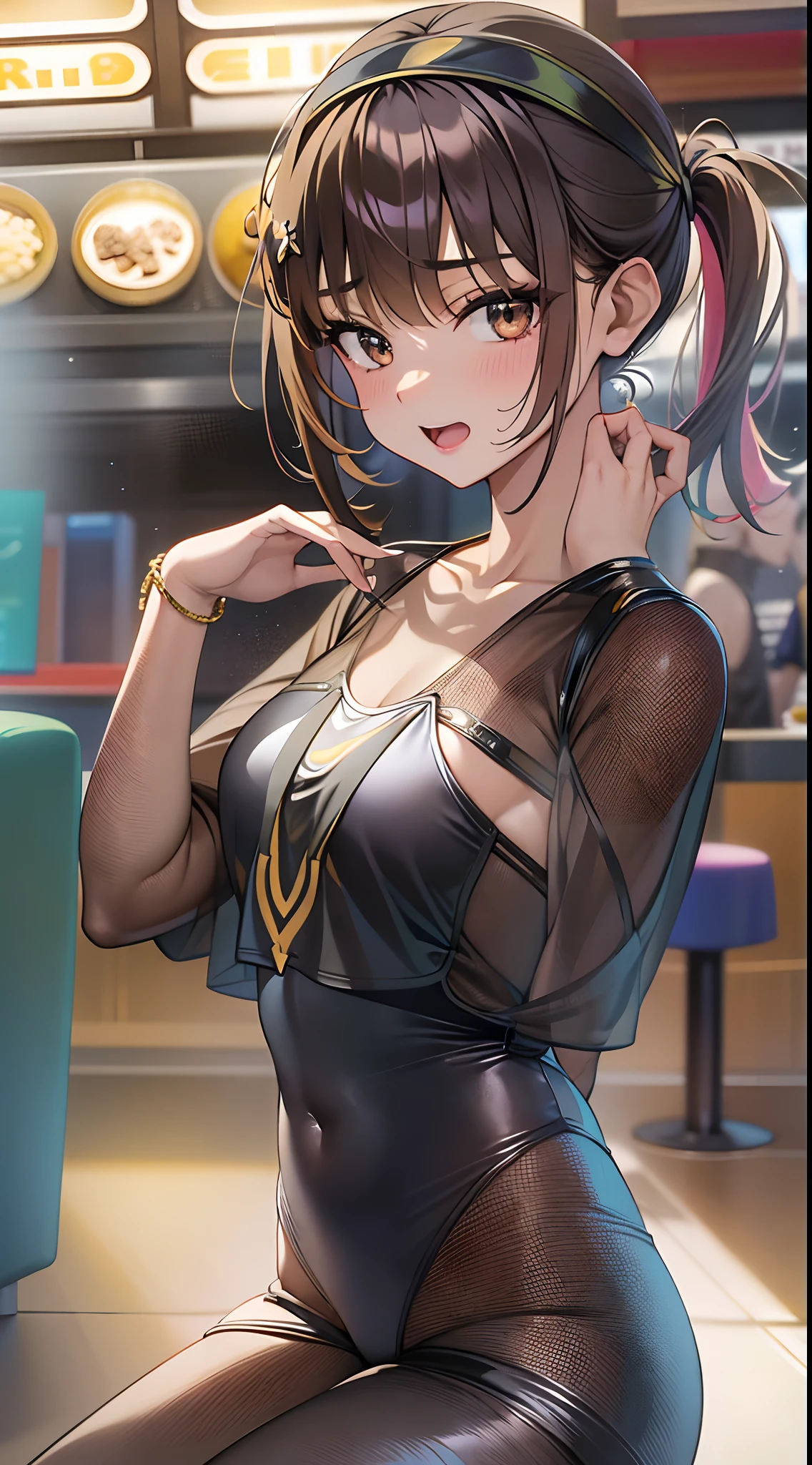 ((Masterpiece)), best quality, absurderes, ultra detailed, holographic, cowboy shot, dynamic pose, golden ratio, super cute girl, mature girl, extremely beautiful, super beautiful asian girl with super beautiful brown shiny eyes, super petite and sexy body, super beautiful legs, super beautiful brown multicolored short hair, high ponytail, shiny and super beautiful skin, nice and sexy body, slim and delicate body, perfect body, wearing a super tight black short sleeve crop top, bare shoulders, super tight translucid black leggings, hot panties, fox hairband, being photographed in a popular kawaii food court
