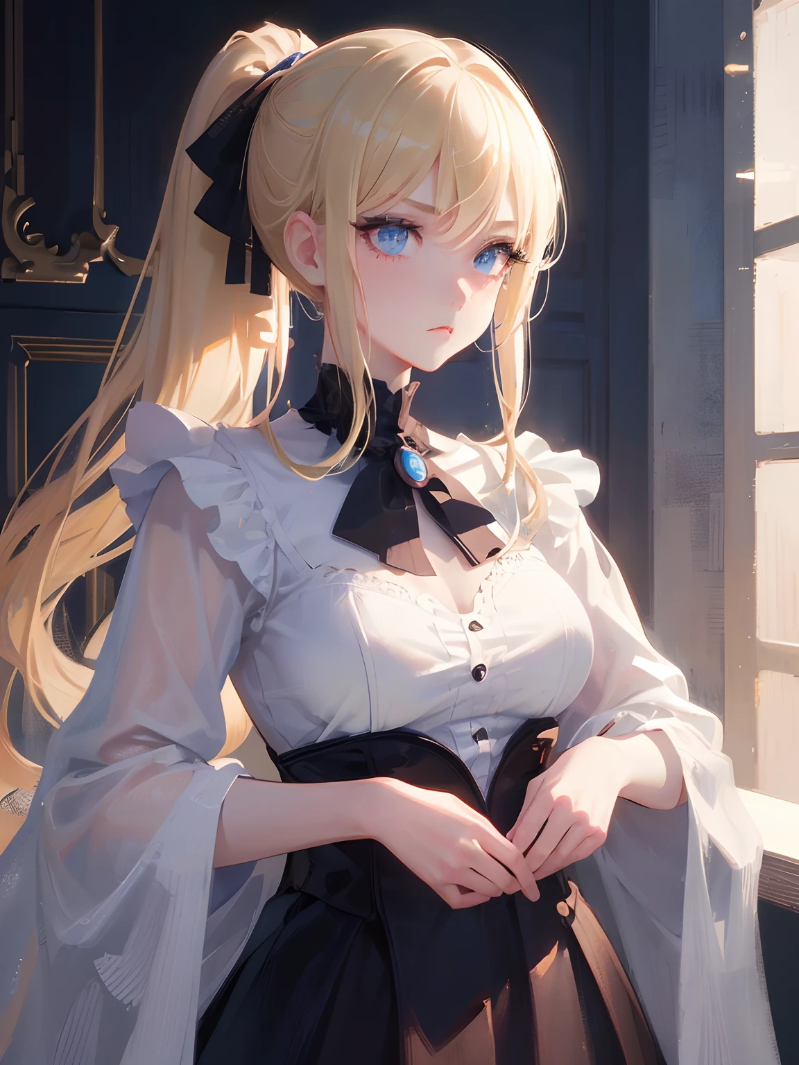 masutepiece, Highest Quality, (Perfect face:1.1), (high detailing:1.1), (ultradetailed eyes), Dramatic, superfine illustration, Extremely detailed, 1girl in, (pale skin), Ethereal eyes, (light eyebrow), Solo, Long hair, Pouty lips, Cinematic lighting, Long ponytail, Blue eyes, Blonde