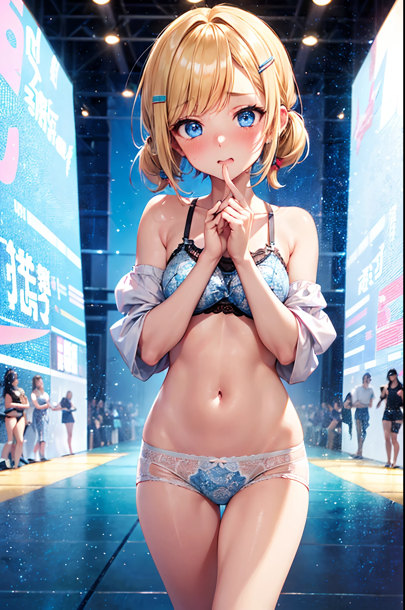 absurderes,8k, ultra-detailliert,bright colour, ,(Runway in underwear:1.4),(Surprise and embarrassment:1.4),extremely beautiful detailed anime face and eyes, view straight on, Short hair, , asymmetrical bangs, Blonde hair with short twin tails,Shiny hair, Delicate beautiful face, red blush、(Deep Blue Eyes:1.3), White skin, hair clips,