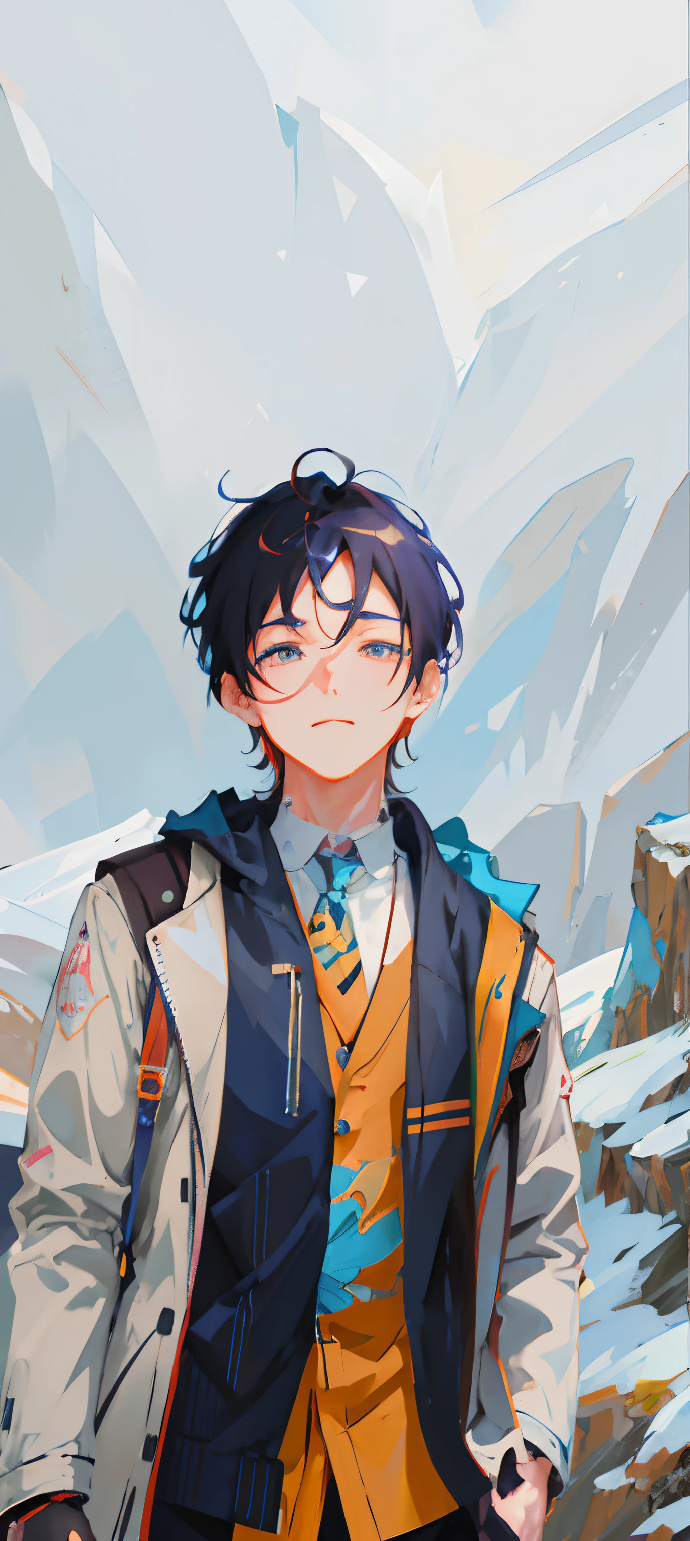 anime - style painting of a man in a jacket and tie standing in front of a mountain, artwork in the style of guweiz, guweiz, digital anime illustration, high quality anime artstyle, inspired by Yanjun Cheng, inspired by Bian Shoumin, anime artstyle, anime style. 8k, anime boy, anime style portrait, anime style 4 k