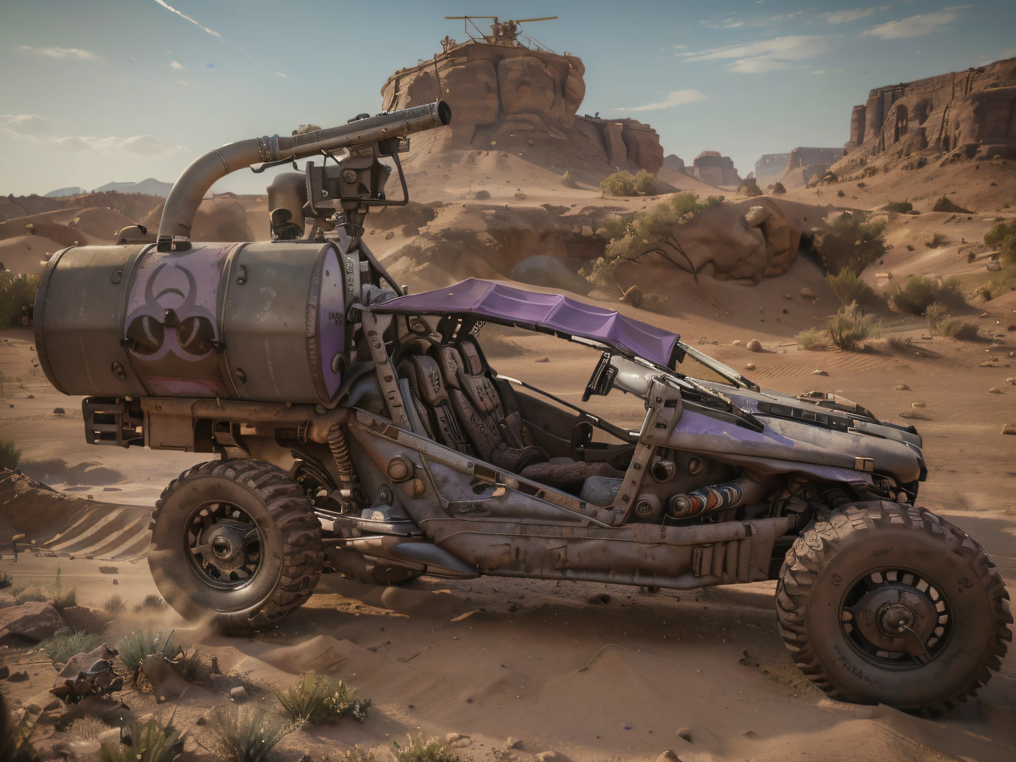 gray war buggy with purple details, it has a drum with chemicals in the back and an acid sprayer cannon, rubber tubes, they are in a desert of, ultra realistic, Ultra detailed, Hyper realistic, 4k, Ultra detailed image, realistic, Highly detailed, perfect composition, beautiful intricately detailed, incredibly detailed, 8K fine art photography, hyper detailed, Masterpiece