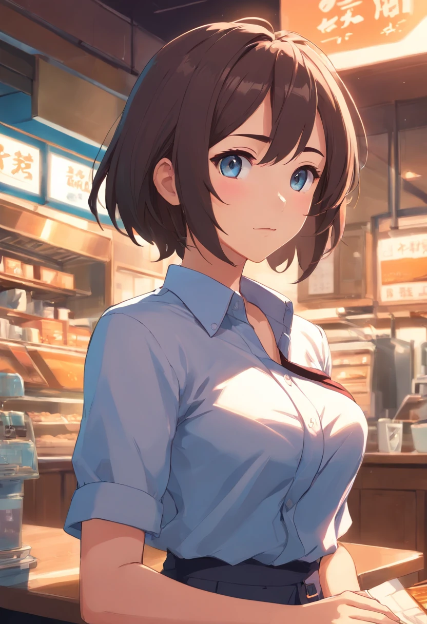 mujer, pechos gigantes, pelo negro largo, ojos cafes, con camisa escolar blanca chica, camisa mojada, brasier visible, falda azul corta, anime