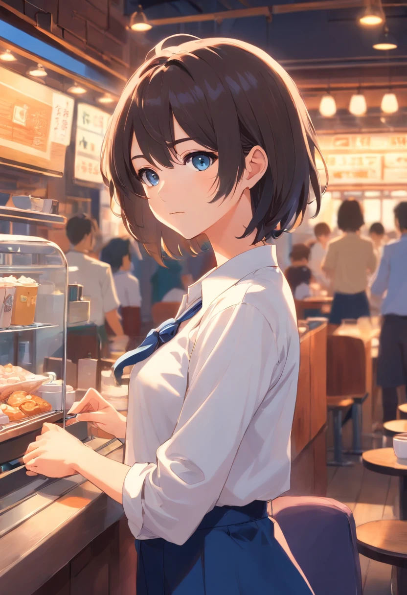 mujer, pechos gigantes, pelo negro largo, ojos cafes, con camisa escolar blanca chica, camisa mojada, brasier visible, falda azul corta, anime