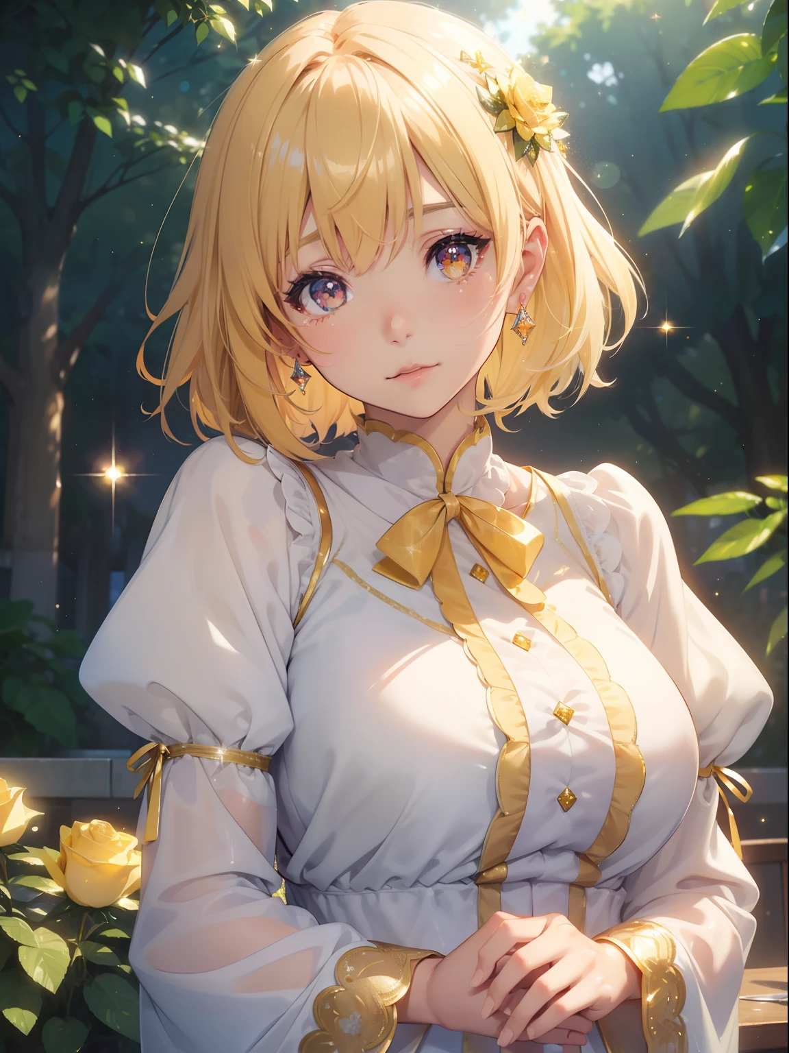 masutepiece, High resolution, 8K, anime woman, Delicate and detailed writing 、Detailed digital illustration、Short hair、perm、Shiny hair、Bangs、a very beautiful woman、Eyes are double, Large, Bust is D cup、High image quality, High quality、Detailed background、The inside of the eye shines like a diamond、Light yellow hair、Gradient pupil、(((2 arms、4 fingers, 1 thumb)))、Detailed female face、Very beautiful and cute woman、、细致背景、​masterpiece、Soft Focus , Bright gradient watercolor , Lens Flare , (((Glitter))) , Glow , Dreamy , Yellow Ribbon、Very beautiful yellow rose hair accessories､(((Macroface)))、(((Eat lunch)))、(Long-sleeved clothing)