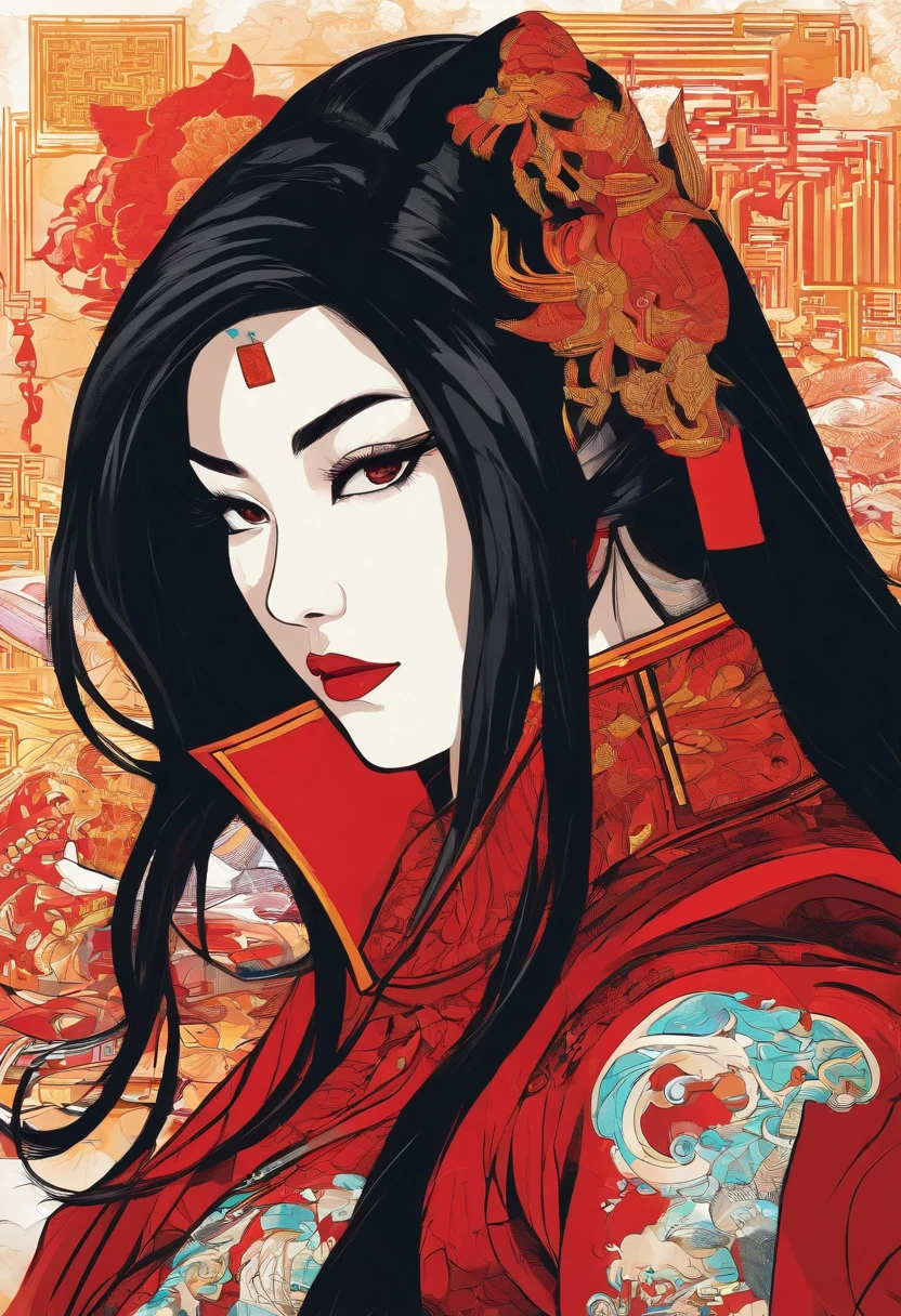 long black hair, Chinese 19 year old girl. Black and red supersuit inspired by ancient Chinese armor. deep dark red fire powers. brown eyes. loose hair.