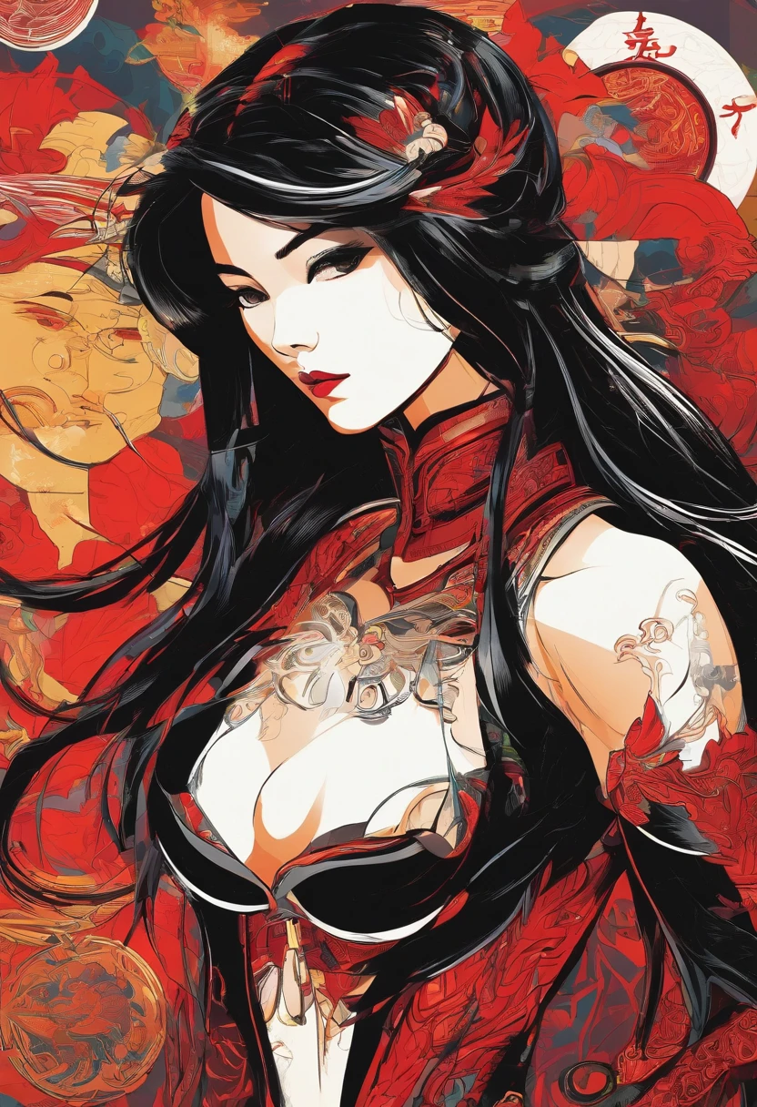 long black hair, Chinese 19 year old girl. Black and red supersuit inspired by ancient Chinese armor. deep dark red fire powers. brown eyes. loose hair.