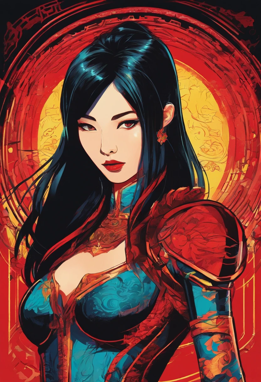 long black hair, Chinese 19 year old girl. Black and red supersuit inspired by ancient Chinese armor. deep dark red fire powers. brown eyes. loose hair.