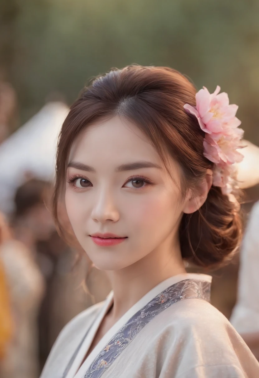 look at camera,(((top quality, 8k, masterpiece))), crisp focus, (beautiful woman with perfect figure), slender, (hairstyle: up)), ((kimono: Kara)), street: 1.2 Highly detailed face and skin texture Detailed eyes Double eyelids random posture, (smile),super cute Japan person,super beauty Japanese girl, realistic face, double eyelid,smile,summer festival , at sunset , beautiful tooth , fire-works back-ground.