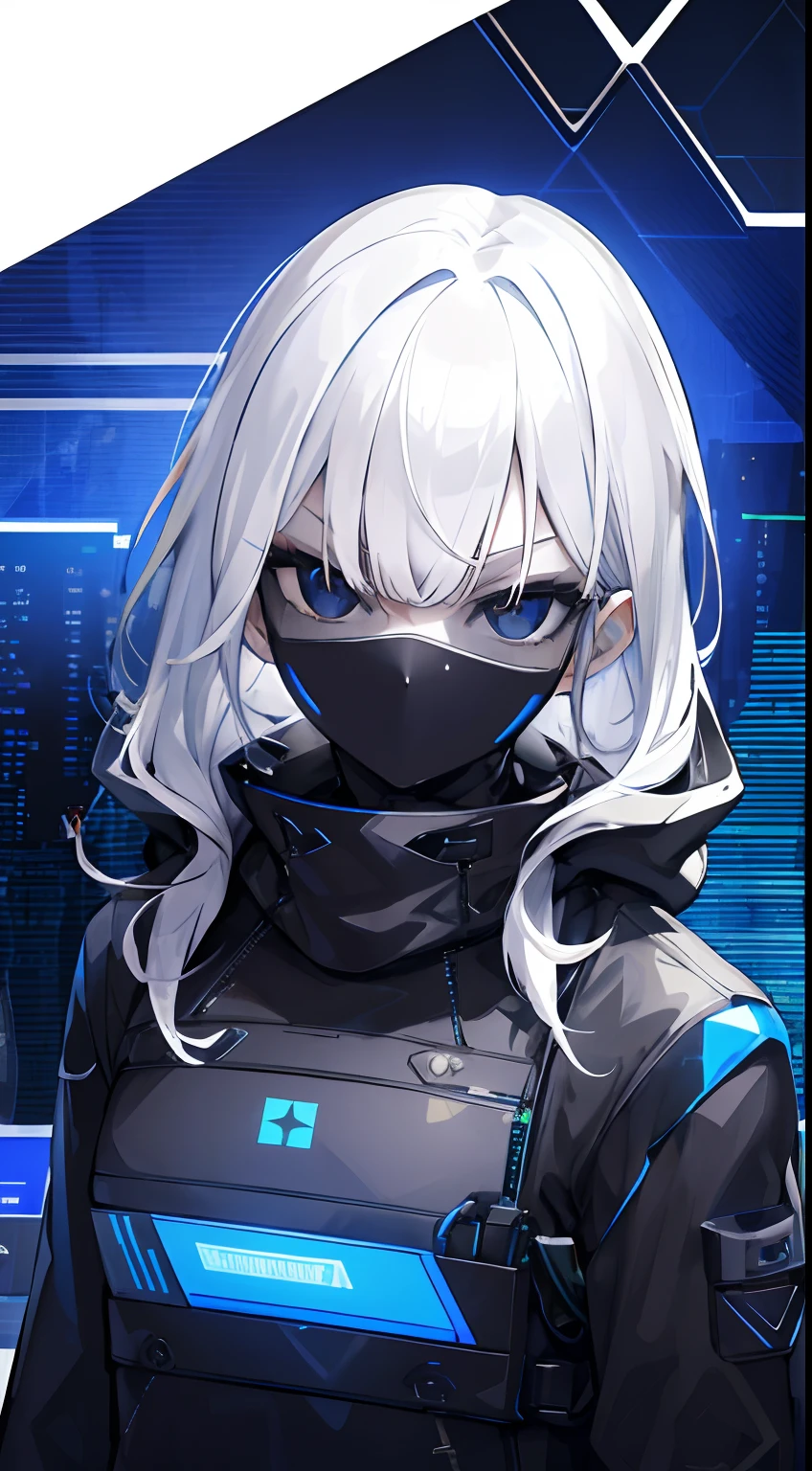 (absurdres, highres, ultra detailed), 1woman, mature female, aged up, wavy long hair, white hair, black eyes, bangs, long sleeves, finely detailed eyes and detailed face, extremely detailed CG unity 8k wallpaper, intricate details, portrait, looking at viewer, solo, (full body:0.6), detailed background, detailed face, (matrix theme:1.1) evil high-tech futuristic hacker,  advanced technology, hoodie, techwear, wearable device, keycard, cables, head-up display, blue (holographic display:1.05), access granted,   cybersecurity, server room in background, orange lights,  dark sinister atmosphere, , portrait, wind swirling