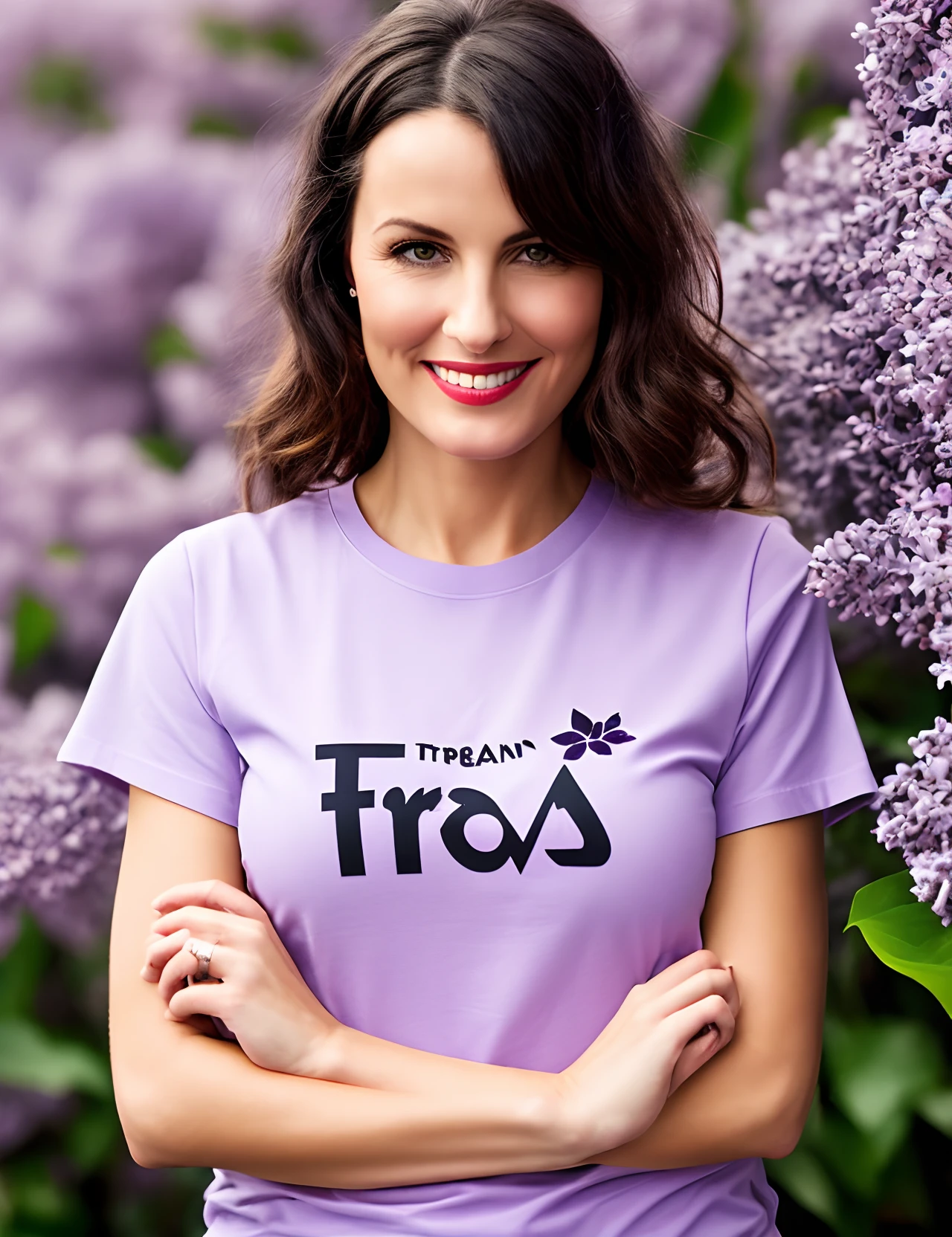 Create an image of a 35-year-old businesswoman wearing a lilac t-shirt with the word TREBIAN on it