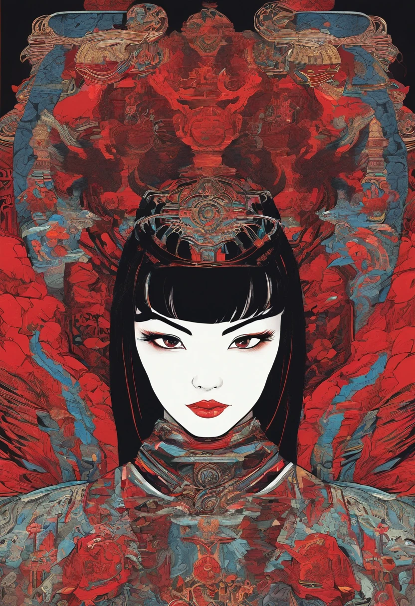 long black hair, Chinese 19 year old girl. Black and red supersuit inspired by ancient Chinese armor. deep dark red fire powers. brown eyes. loose hair.