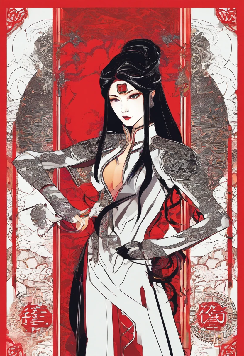 long black hair, Chinese 19 year old girl. Black and red supersuit inspired by ancient Chinese armor. deep dark red fire powers. brown eyes. loose hair.