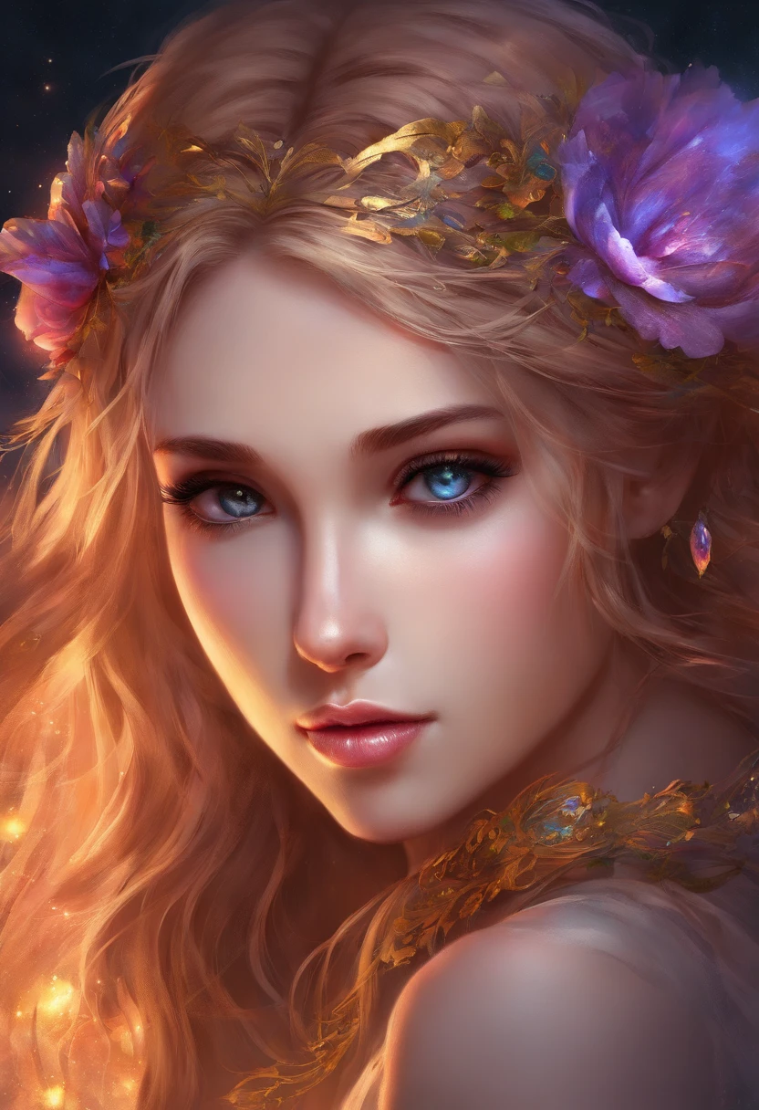 A pretty girl with soft lighting, set against a black background, in a high-resolution, ultra-detailed portrait. The image should have vivid colors and a realistic, photorealistic quality. The girl should have beautiful detailed eyes, soft skin, and long eyelashes. Her lips should be detailed and attractively shaped. The lighting should be soft and create a gentle, flattering effect on the girl's features. The black background should create a striking contrast with the girl's complexion and bring out the vibrant colors of her hair, clothes, and accessories. The overall image should have a sense of elegance and sophistication, with a focus on capturing the girl's beauty and individuality.