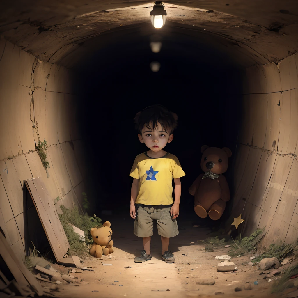  sad with a little bear  doll in his hand.  with yellow star of david patch in his shirt stand in a tunnel middle of a war scenario. Israeli flag on the ground.