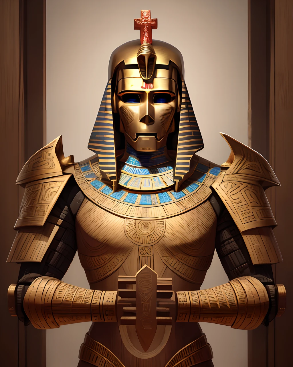 A wooden warforged decorated with inlaid gold Egyptian motifs, including an ankh on his forehead