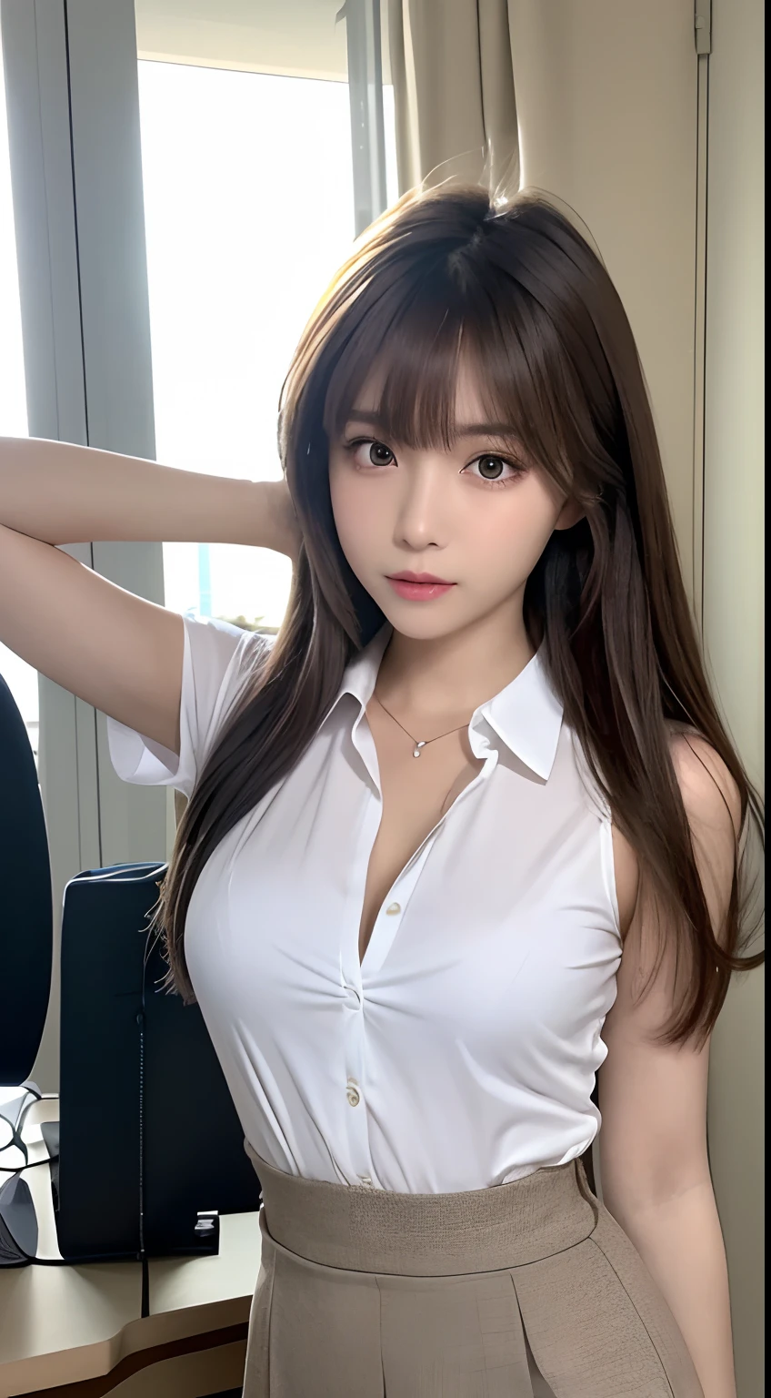 (Best quality, 8K, masutepiece, Ultra HD: 1.3), 1girl in, mideum breasts, Light brown hair, Blunt bangs, hair behind ear, hair over shoulders, Long hair, Slender body type, ultradetail face, Delicate lips, Beautiful eyes, Double eyelids, lipsticks,Invite the facial expressions of men, Ultra-thin pointer, Ultra-thin fingers, Shirt with collar, Tight skirts , beautifullegs ,Pump.s Office