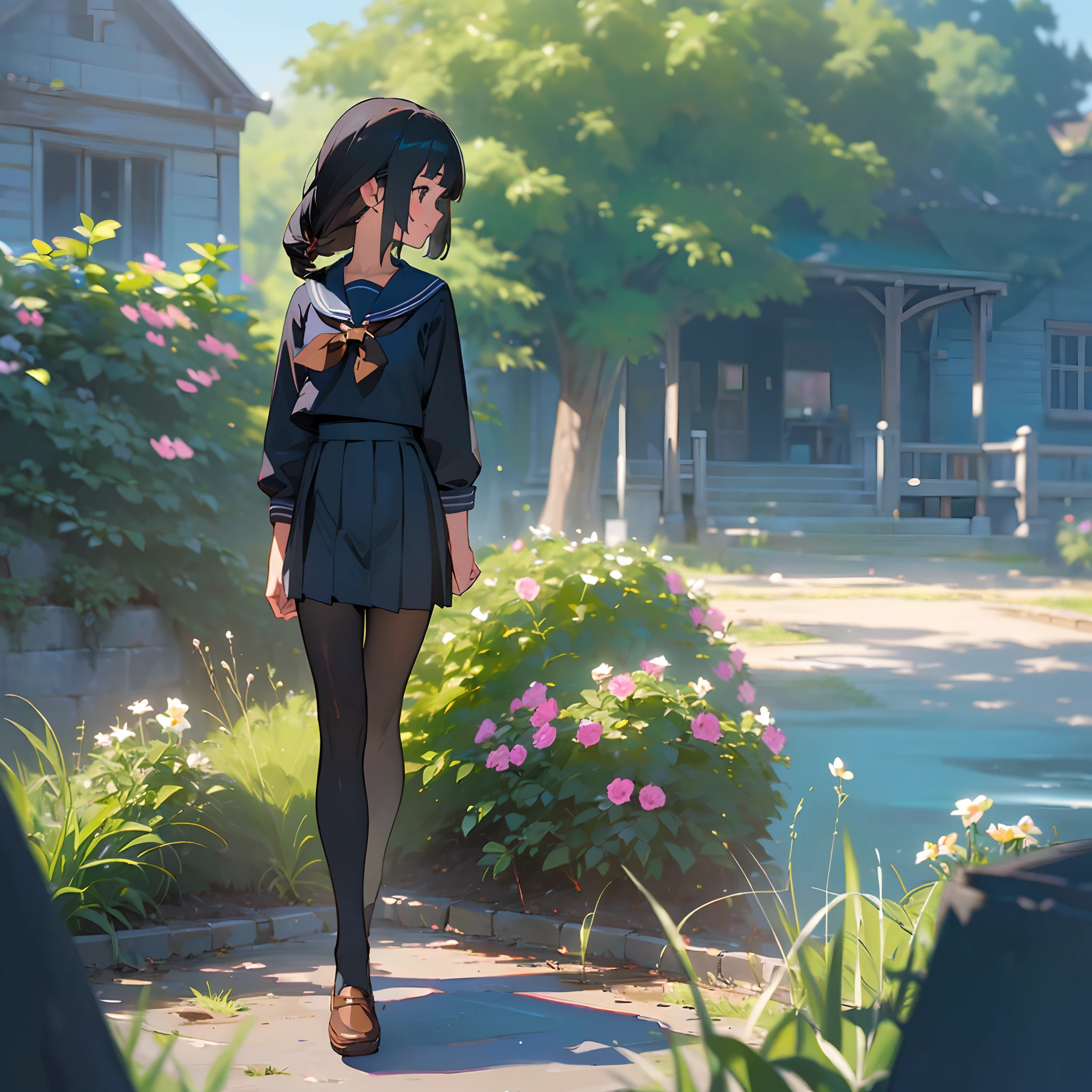 (Best Quality, hight resolution, Ultra-detailed, Realistic:1.37), peaceful ambiance, (plein air, garden), Teenage girl standing alone, Beautiful detailed features, Cute smile, ((Black bob hair)),Navy blue sailor suit, Pleated skirt,Black tights,Brown leather shoes.