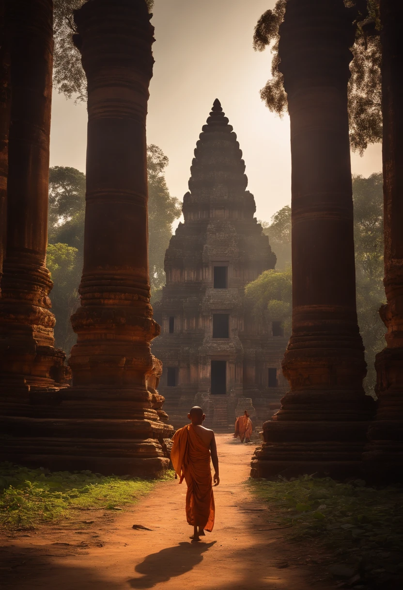 Wide view of a young monk man ((Mowgli)) walking with his back to a jungle with old ruins of ancient  angkor Wat temples, statues of budha , Shiva, Ganesh, cinematic light, realistic, Frank Frazetta Style,