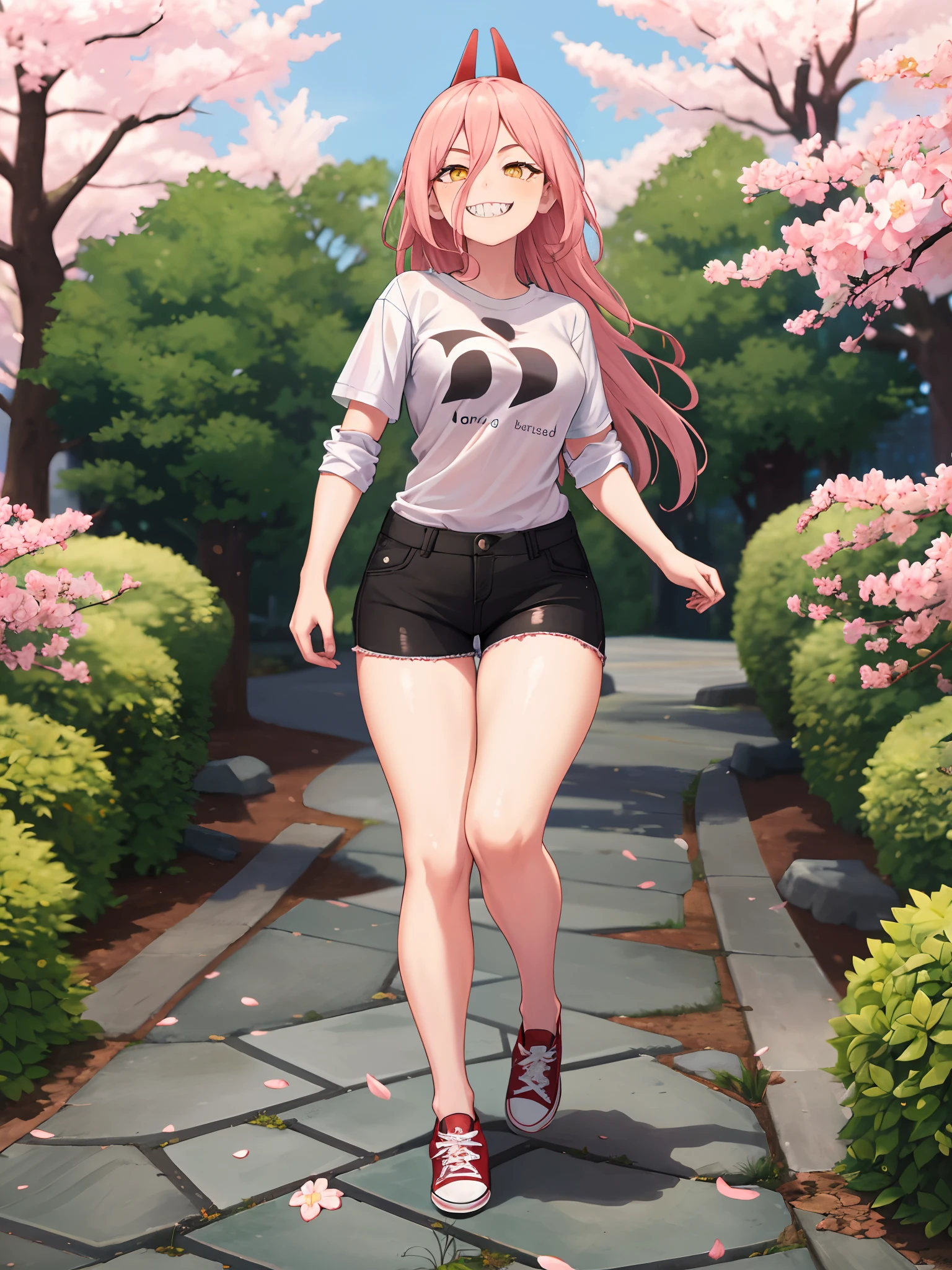 1girl, wearing white shirt, black shorts, red converse shoes, grinning, yellow eyes, sharp teeth, walking down a stone path, in a cherry blossom park, high quality, high resolution