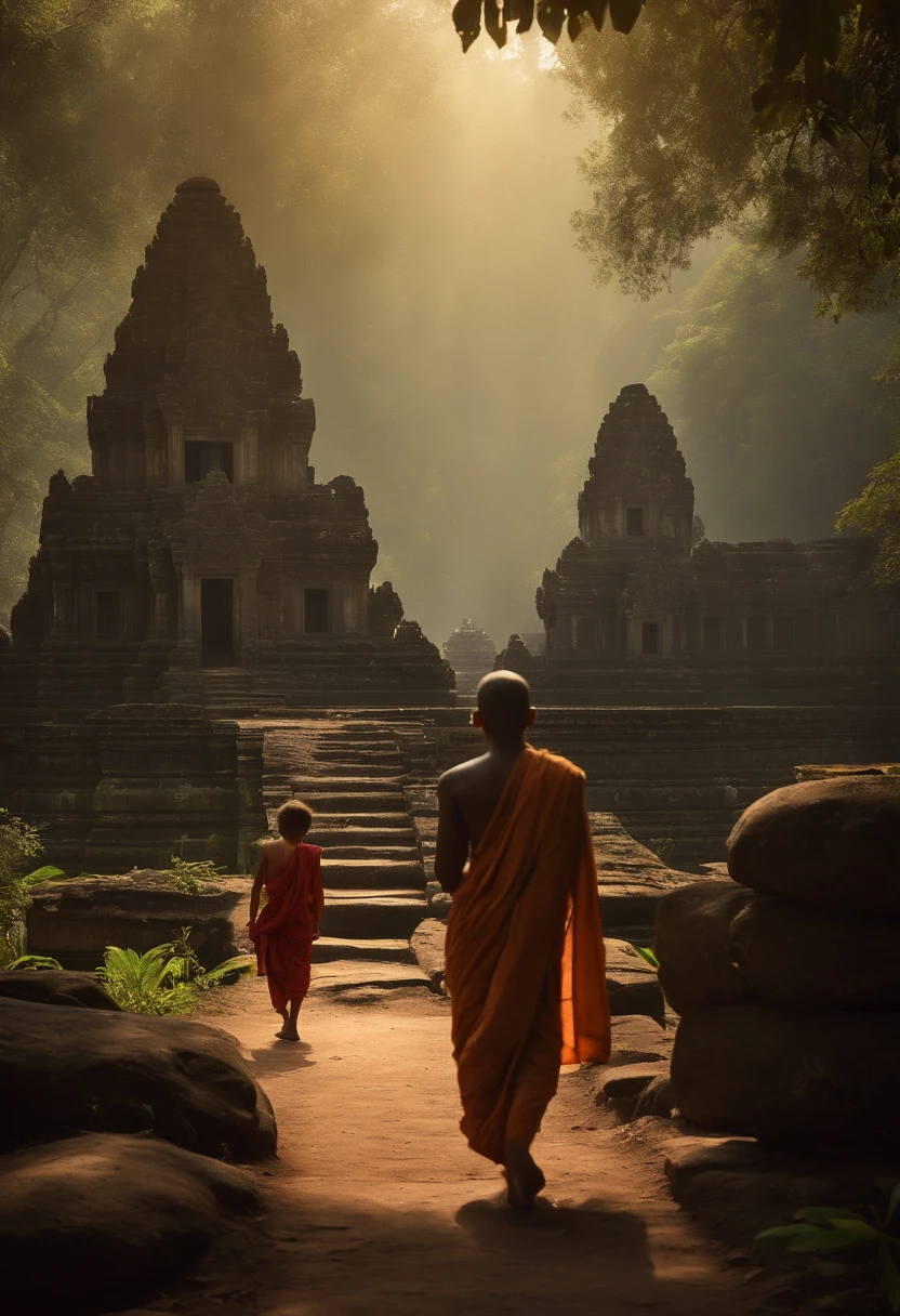 Wide view of a young monk man ((Mowgli)) walking with his back to a jungle with old ruins of ancient  angkor Wat temples, statues of budha , Shiva, Ganesh, cinematic light, realistic, Frank Frazetta Style,