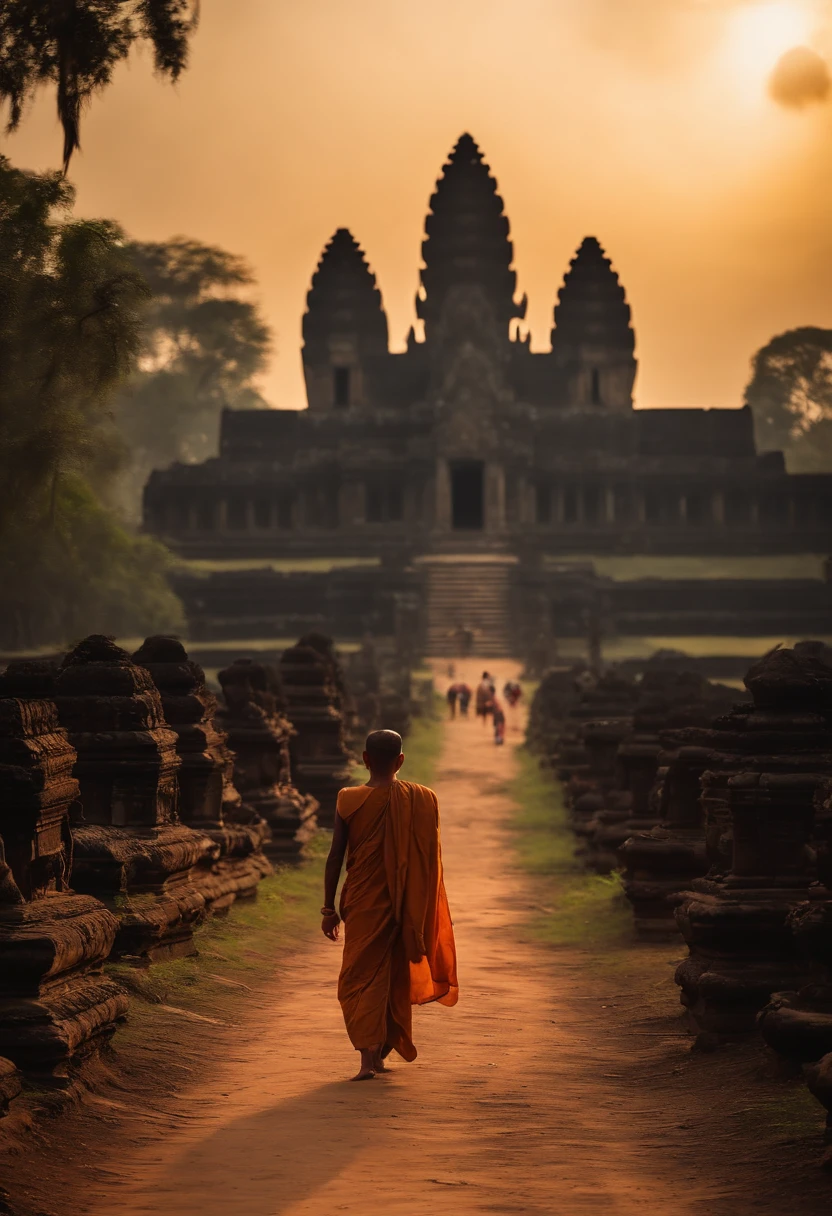 Wide view of a young monk man ((Mowgli)) walking with his back to a jungle with old ruins of ancient angkor Wat temples, statues of budha , Shiva, Ganesh, cinematic light, realistic, Frank Frazetta Style,