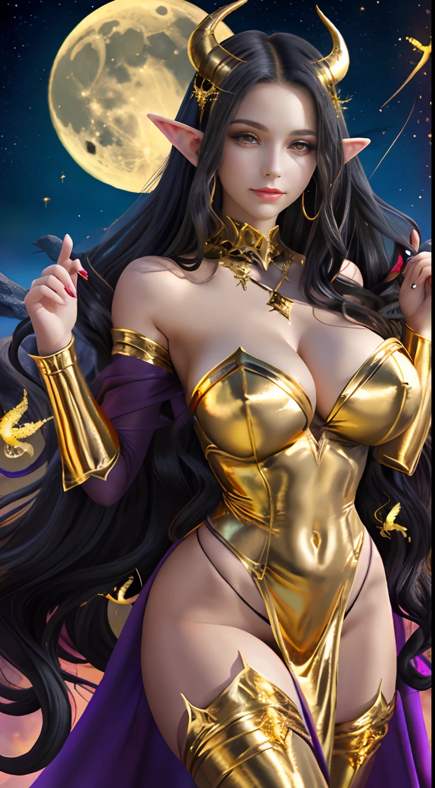 Best quality, beautiful woman with a sexy body, on her head there are two black devil horns with gold tips, long wavy hair, elf ears, super big breasts covered in gold armor with magic engravings, fine silk cloth covering part of her body, devil wings charming, very sexy demon armor, raw photo, looking at the crescent moon on the plateau full of magic aura, fireflies dotted around, posing defiantly,