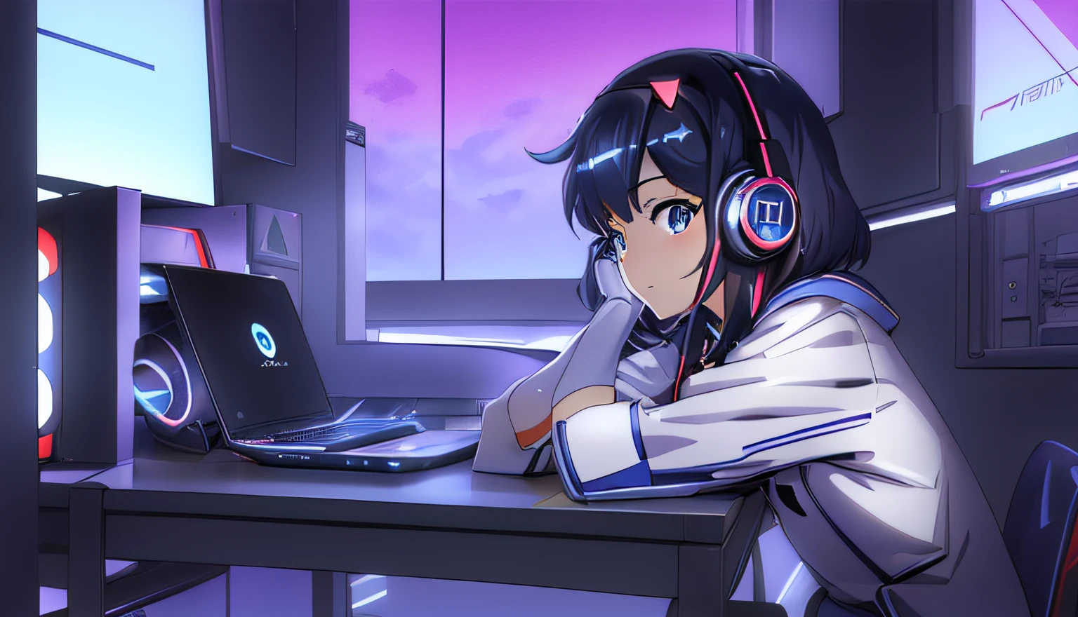 Menina anime sentada em uma mesa com fones de ouvido e um laptop, estilo anime 4K, menina lofi, estilo anime. 8k, ((Retrato Lofi)), ((Elogio Artstyle)), anime vibes, Digital anime illustration, Anime Art Wallpaper 8K, Anime Art Wallpaper 4K, Anime Art Wallpaper 4K, 4k anime wallpapers, Anime Wallpaper 4k, ((Arte Lofi)), Anime character with futuristic armor and glowing eyes in a futuristic setting, android heroine, menina em mecha cyber armor, arte oficial, anime manga robot!! menina anime, (kill la kill illustration), arte oficial altamente detalhada, scarab reploid, ((anime robotic mixed with organic)),