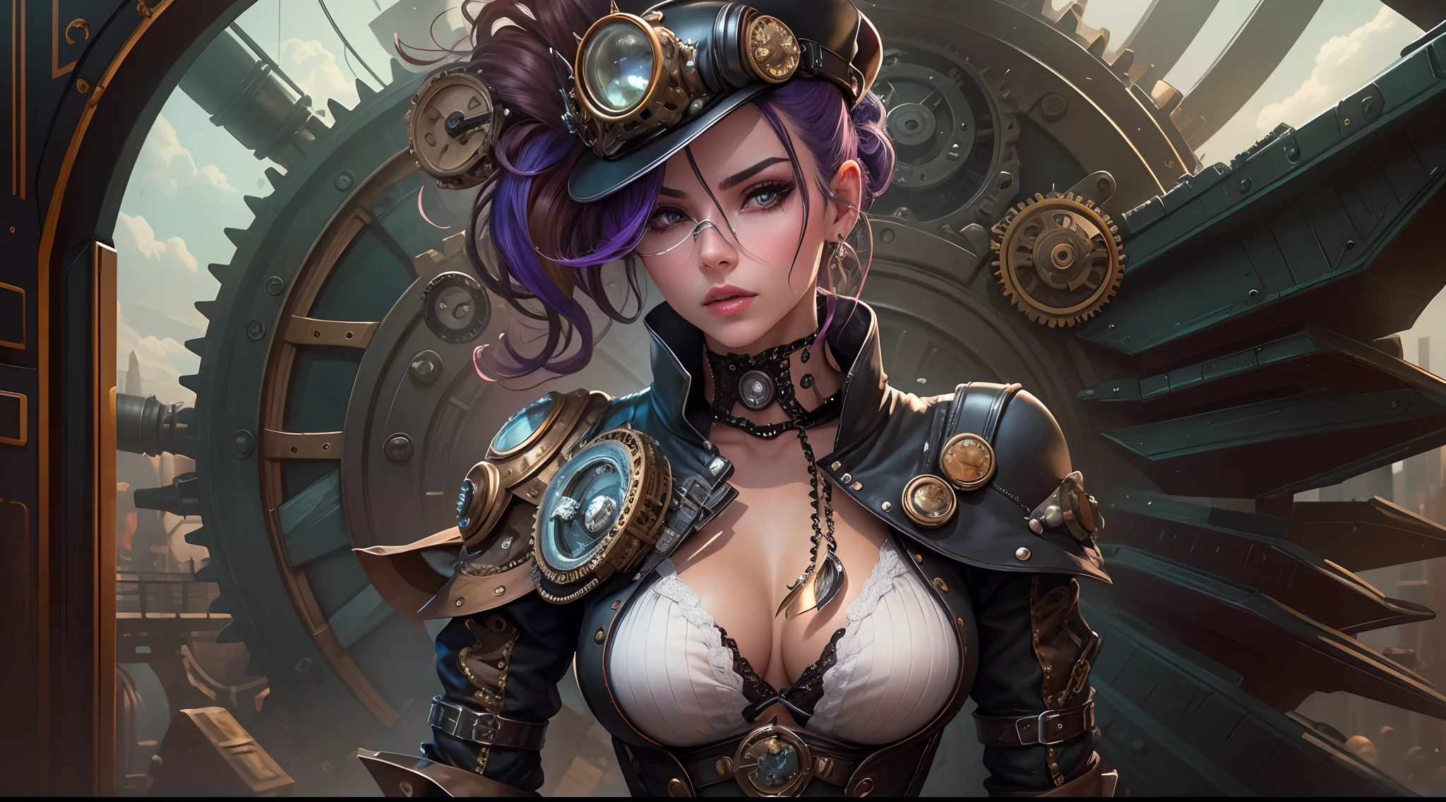 Em um mundo de fantasia steampunk, uma mulher com um estilo punk a vapor assume o centro do palco enquanto caminha por uma rua intrigante. She is dressed in an impeccable black leather outfit adorned with gleaming metallic details, que a destacam na paisagem. Its accessories are a work of art in itself, with stylized aviator glasses, luvas de renda, and knee-high boots that echo the retro-futuristic aesthetic of steampunk.

Seus cabelos longos e escuros caem graciosamente sobre seus ombros, accentuated by colorful locks that add a touch of rebellion to your look. Her eyes stare at the camera with a confident and defiant expression, revealing the determination that drives her in this intriguing world.

The scenery around it is a street adorned with giant gears, steam pipes and peculiar mechanical structures. The atmosphere is saturated with copper and bronze tones, Creating an authentic and captivating steampunk setting.

In this extraordinary setting, Our protagonist embodies the fusion between the elegance and style of steampunk and the bold attitude of punk. Feel inspired to create an image that captures this unique and mysterious fusion."