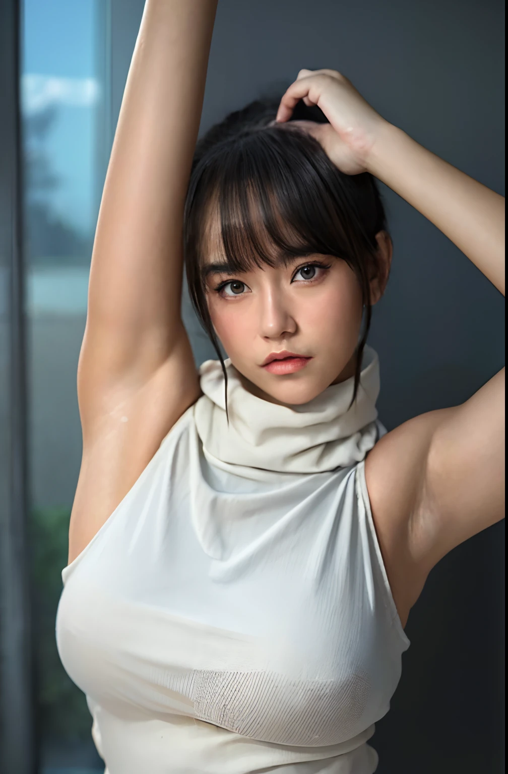 1 girl, (Ultra Real), (Illustration), (High Resolution), (8K), (Very Detailed), (Best Illustration), (Beautiful Detailed Eyes), (Best Quality), (Ultra Detailed), (Masterpiece), showing armpit, curvy, big breast, gorgeous, perfect, (sleeveless turtleneck), sweating