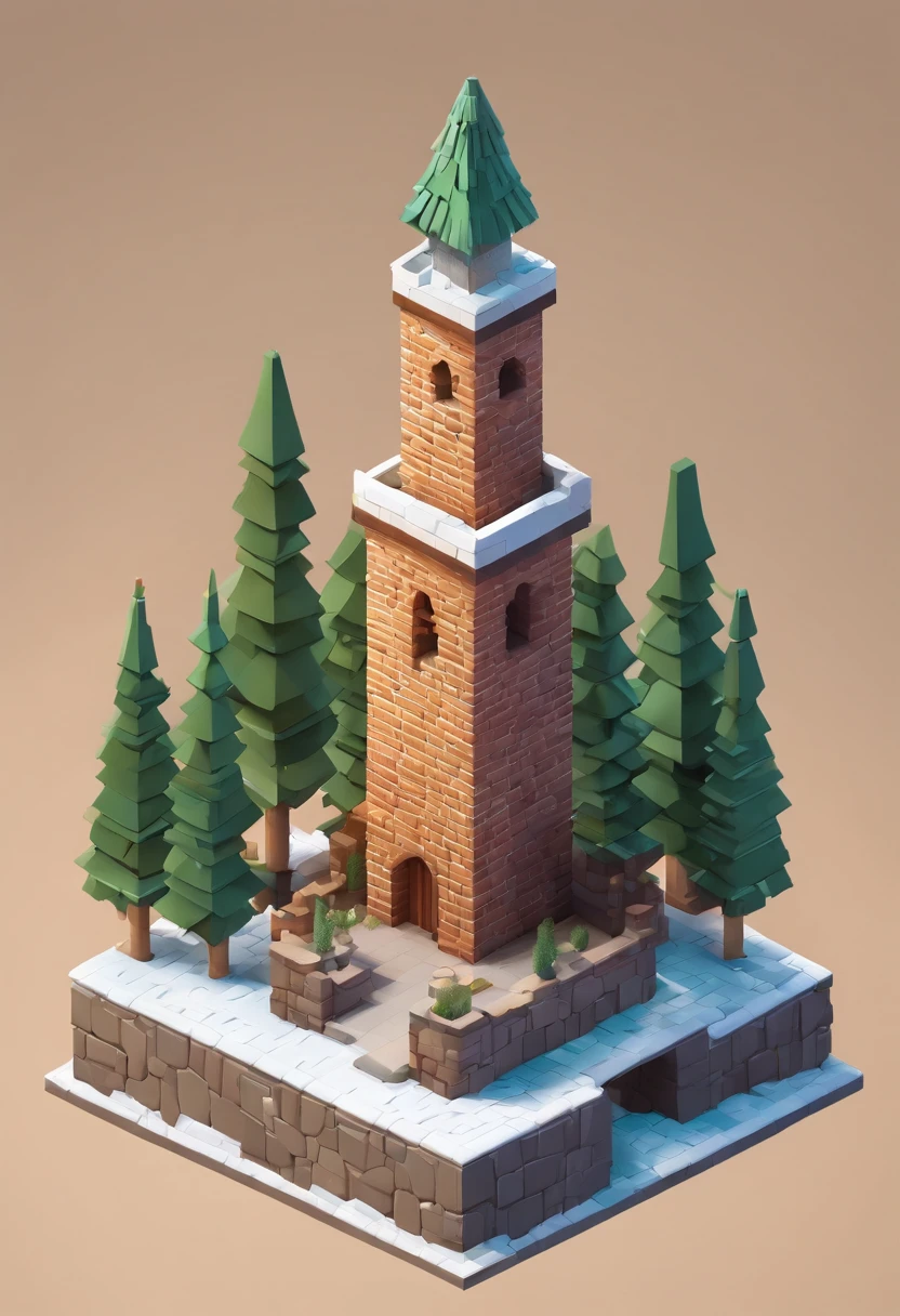 A pine tree, Best quality, fantasy, isometry, Kneeling style (Miniature brick round tower:1.2), tree, stone wall, (Simple background:1.2)