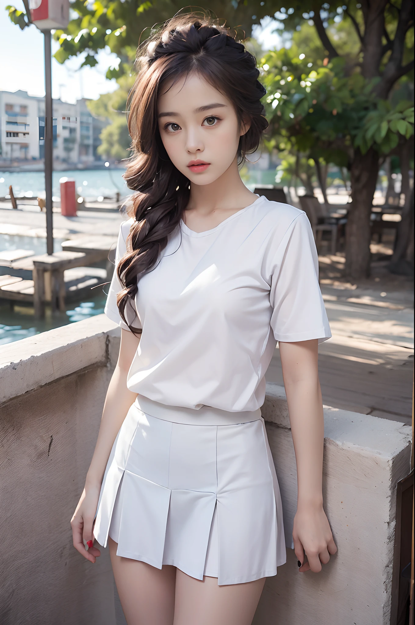 (Masterpiece, Superb work,4K 分辨率, Ultra-realistic:1.3),Girl posing for photo in white shirt and pleated skirt,(A half body:1.2),Slim body,(medium chest circumference),Slim girl model,24 years old female model,(Have by the sea:1.3),Soft light,Detailed background,Coordinated body proportions,facial closeups,well detailed face,(white shirt:1.3),(pleatedskirt:1.3),Superskirt,(White panties 1.2),